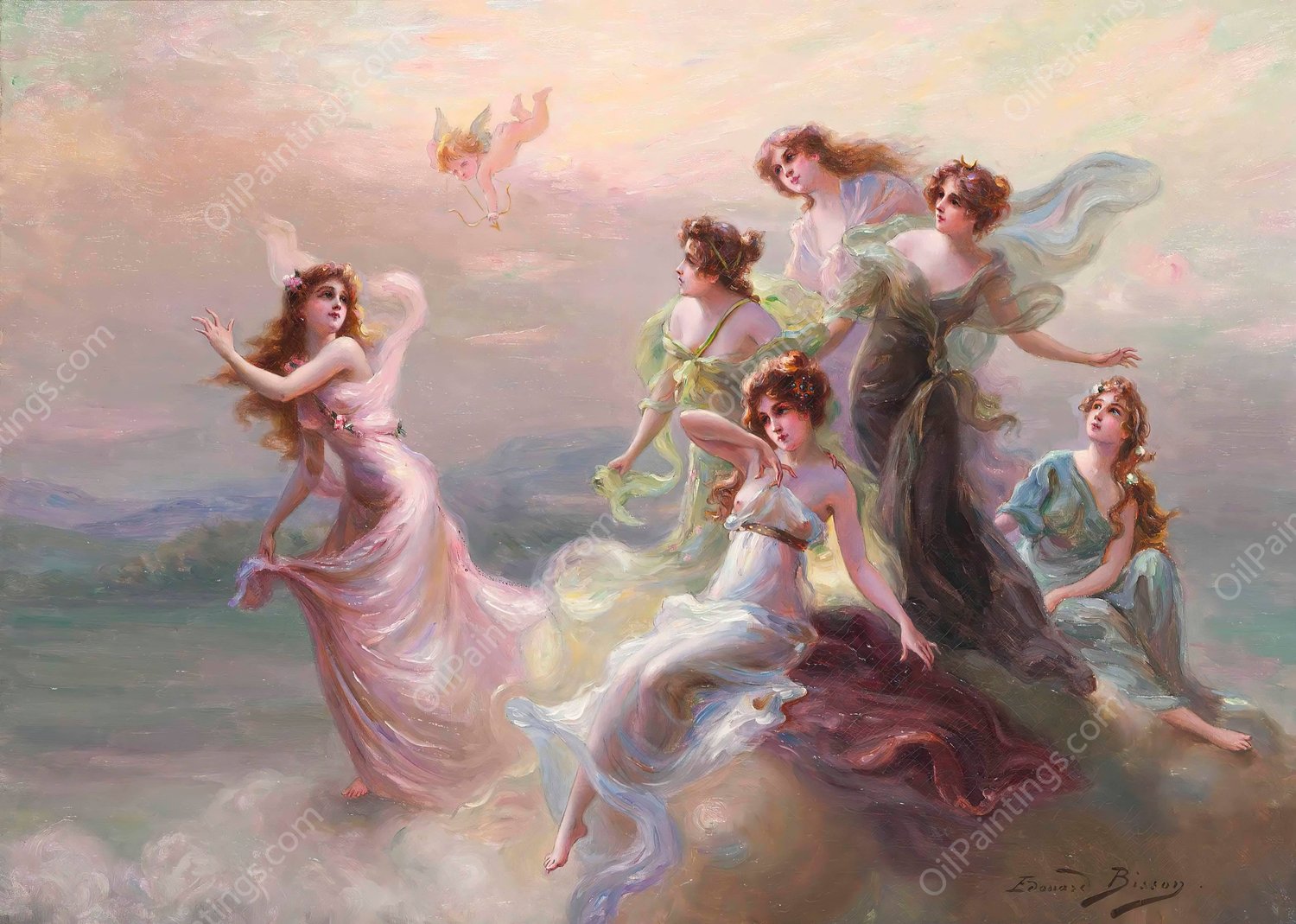 The Dance of the Nymphs and Cupid  by Edouard Bisson - Hand-Painted Oil Painting Reproduction