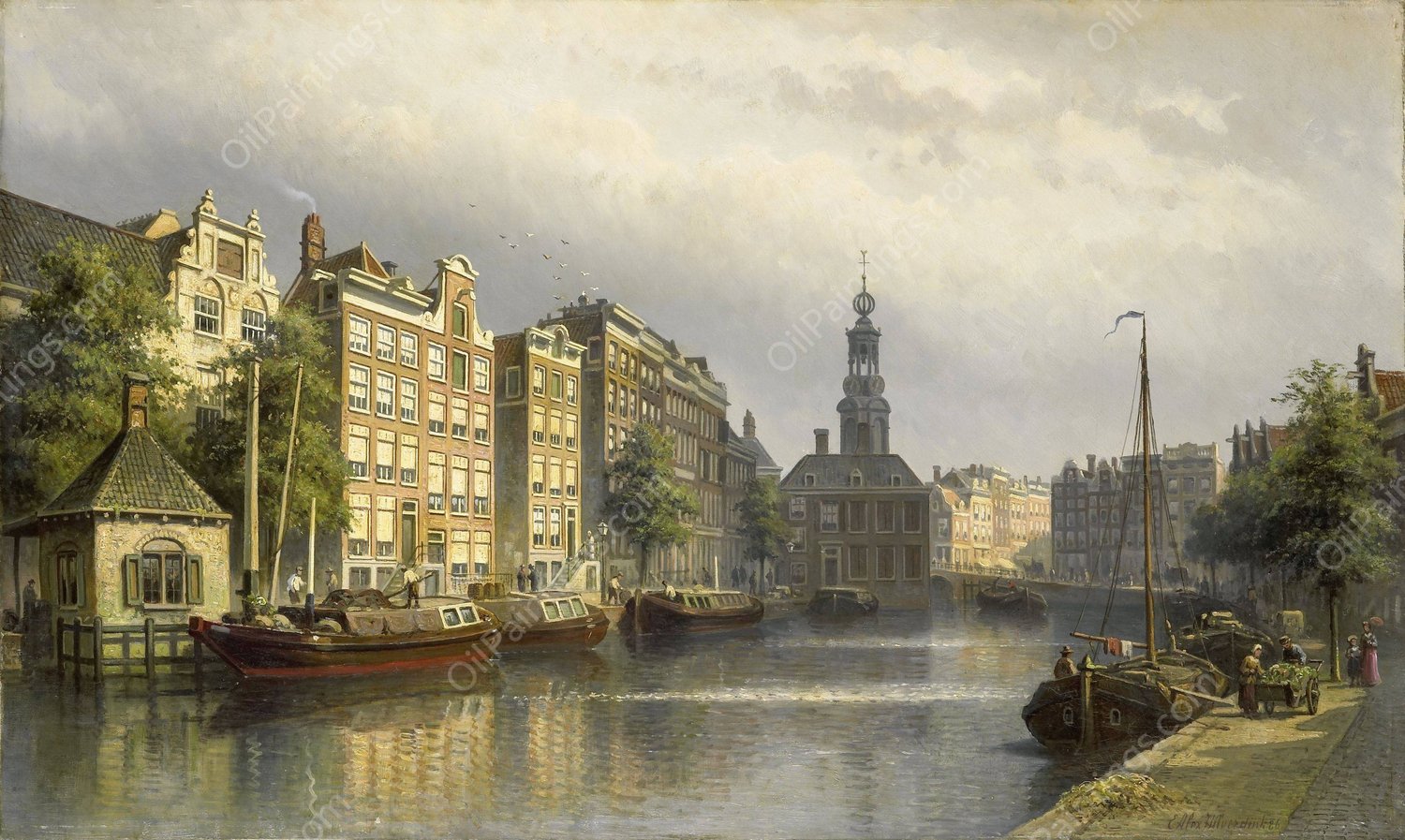 The Singel, Amsterdam, looking towards the Mint  by Eduard Alexander Hilverdink - Hand-Painted Oil Painting Reproduction