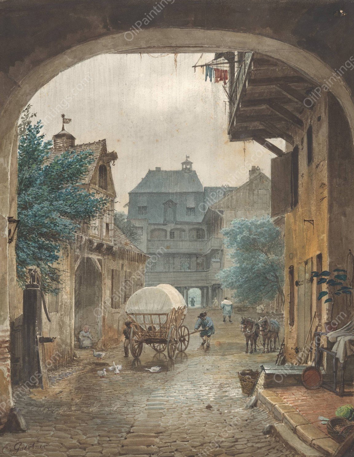View into the Courtyard of an Inn at Colmar  by Eduard Gaertner - Hand-Painted Oil Painting Reproduction