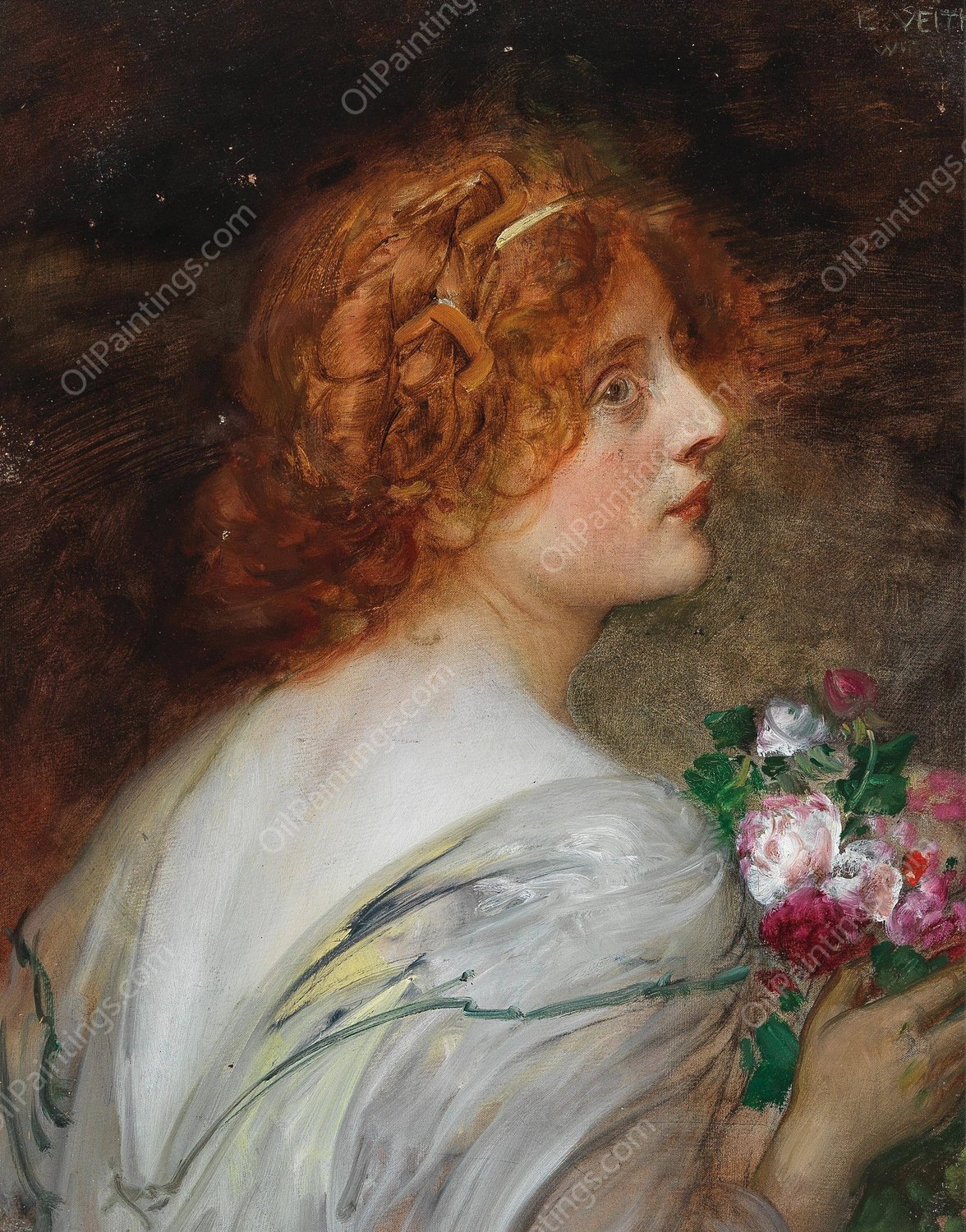 Back View Of A Young Woman In Profile With A Bouquet Of Roses In Her Hands by Eduard Veith - Hand-Painted Oil Painting Reproduction
