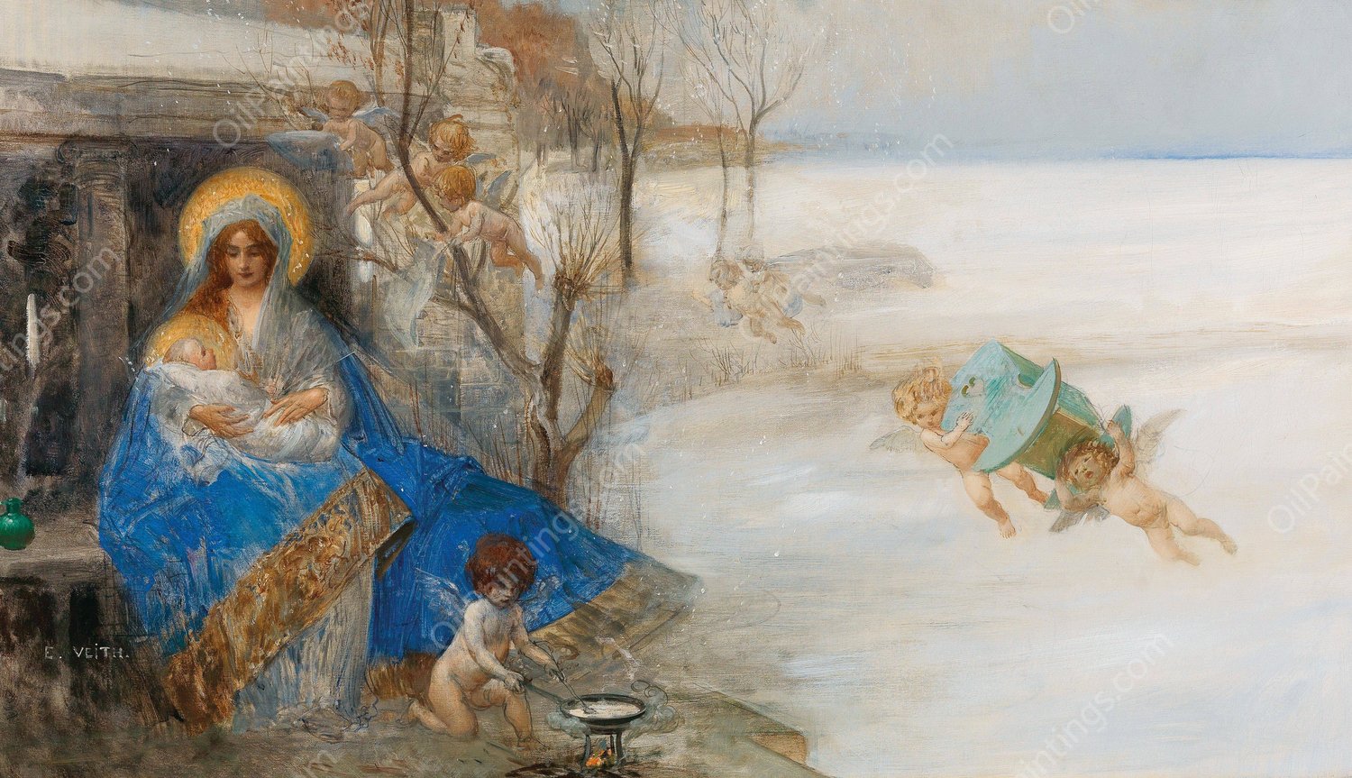 Madonna And Child Surrounded By Angels by Eduard Veith - Hand-Painted Oil Painting Reproduction