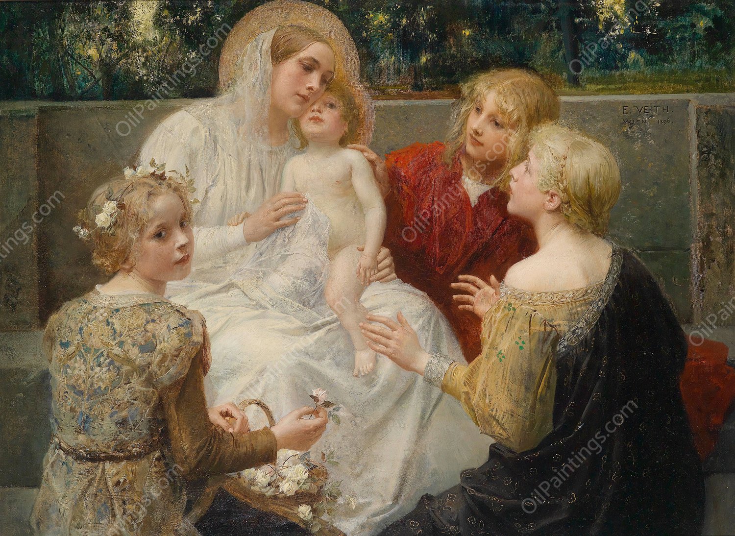 Madonna Mit Jesus Umgeben Von Kindern  by Eduard Veith - Hand-Painted Oil Painting Reproduction