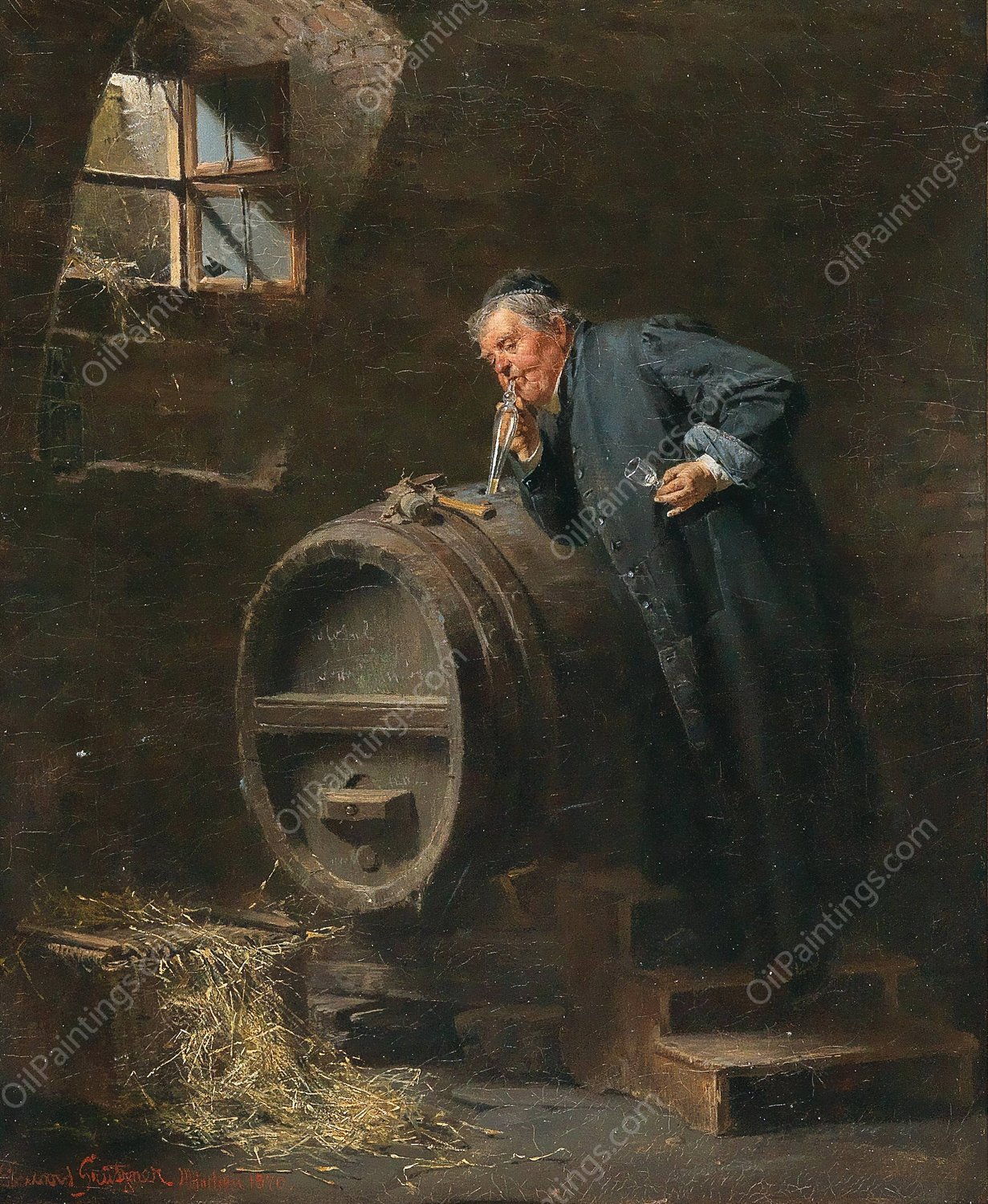 A monk in a wine cellar with a wine siphon by Eduard Von Grutzner - Hand-Painted Oil Painting Reproduction