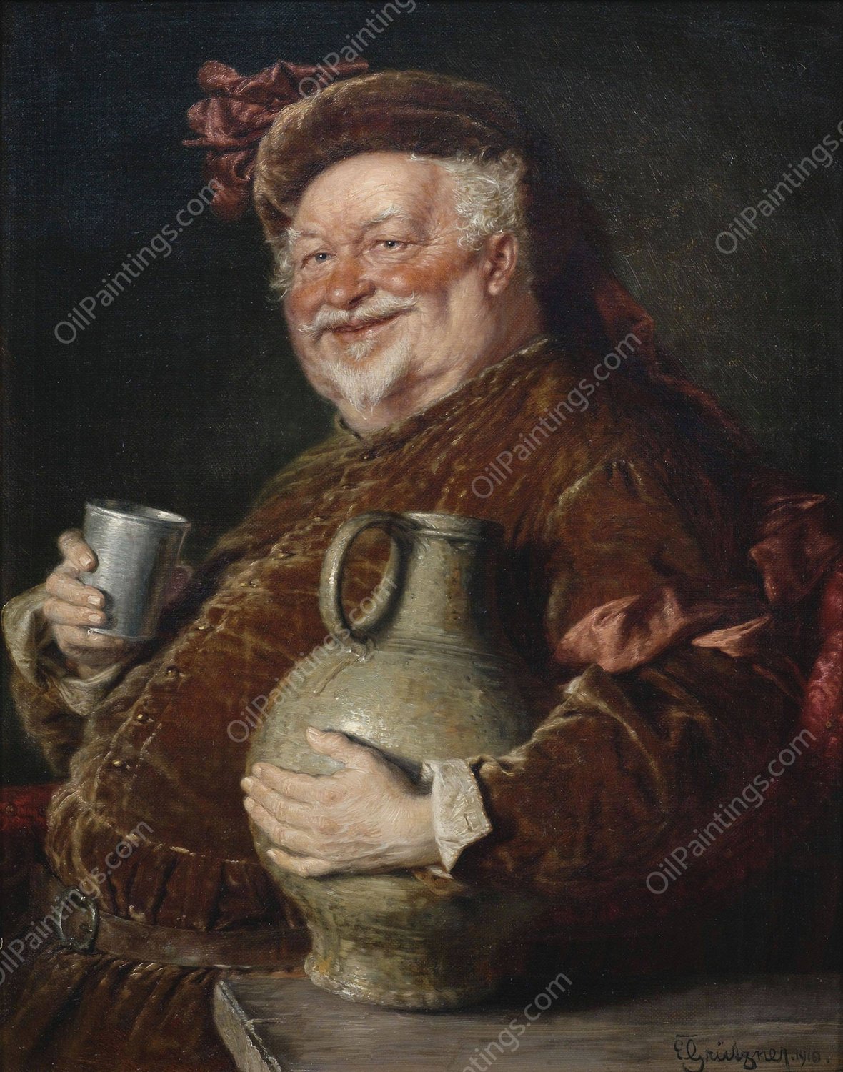 Falstaff at the table with a wine jug and pewter cup  by Eduard Von Grutzner - Hand-Painted Oil Painting Reproduction