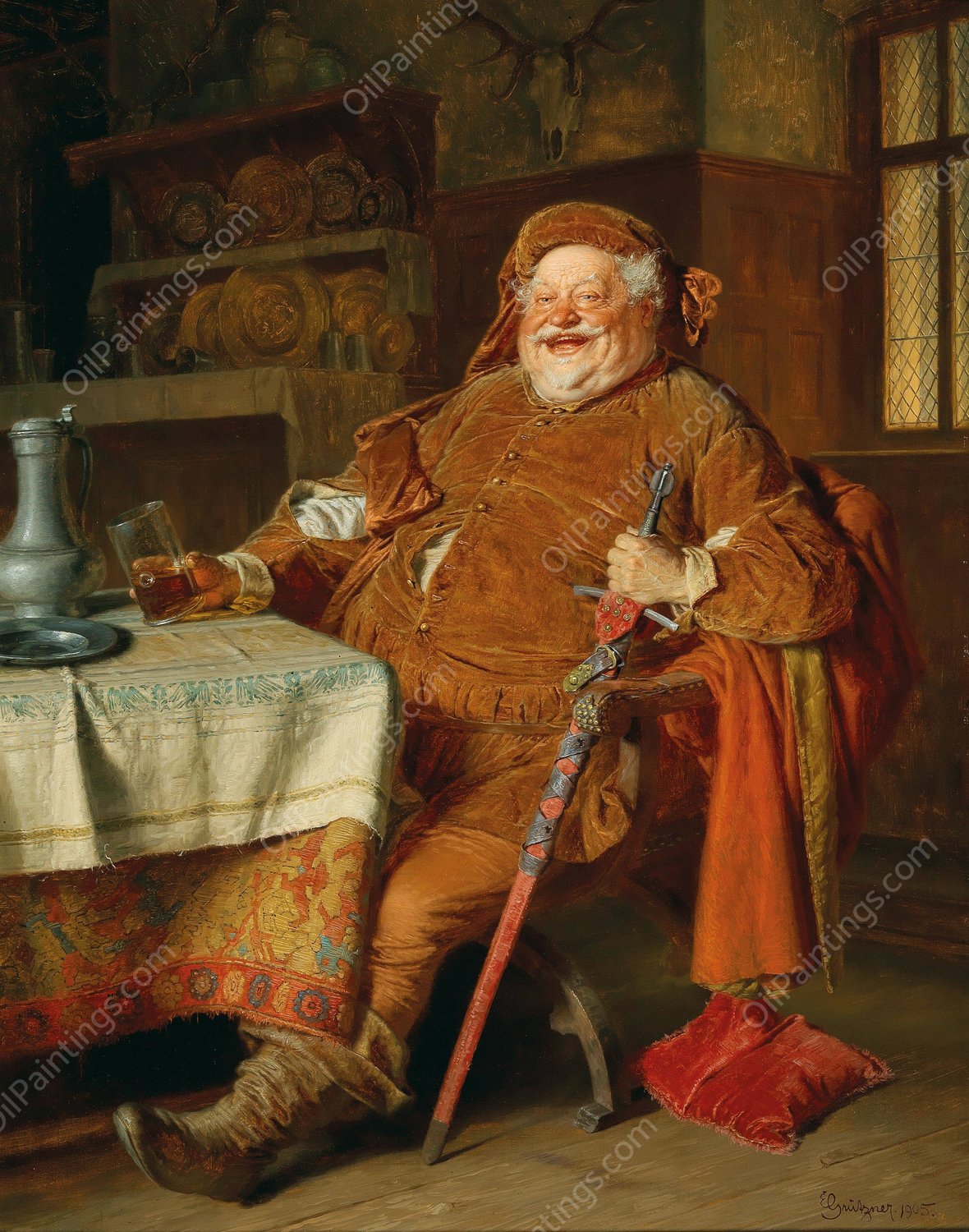 Falstaff With A Sword, Wine Jug And Glass  by Eduard Von Grutzner - Hand-Painted Oil Painting Reproduction