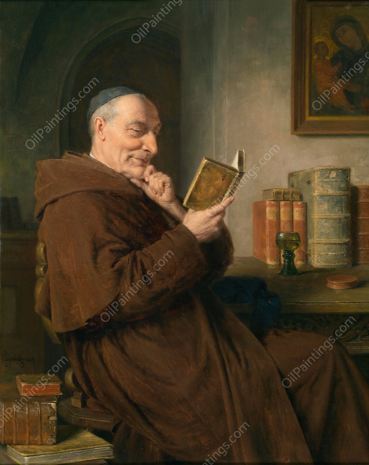 Lesender MOnch mit Weinglas by Eduard Von Grutzner - Hand-Painted Oil Painting Reproduction