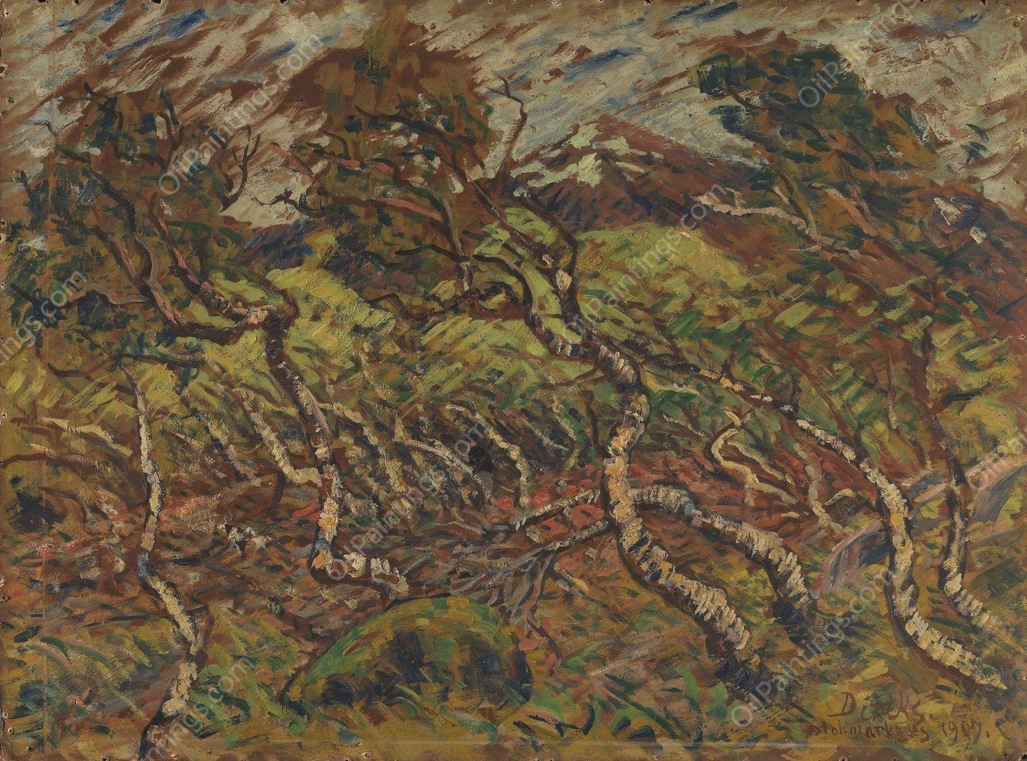 Dwarf Birch in Storm  by Edvard Diriks - Hand-Painted Oil Painting Reproduction