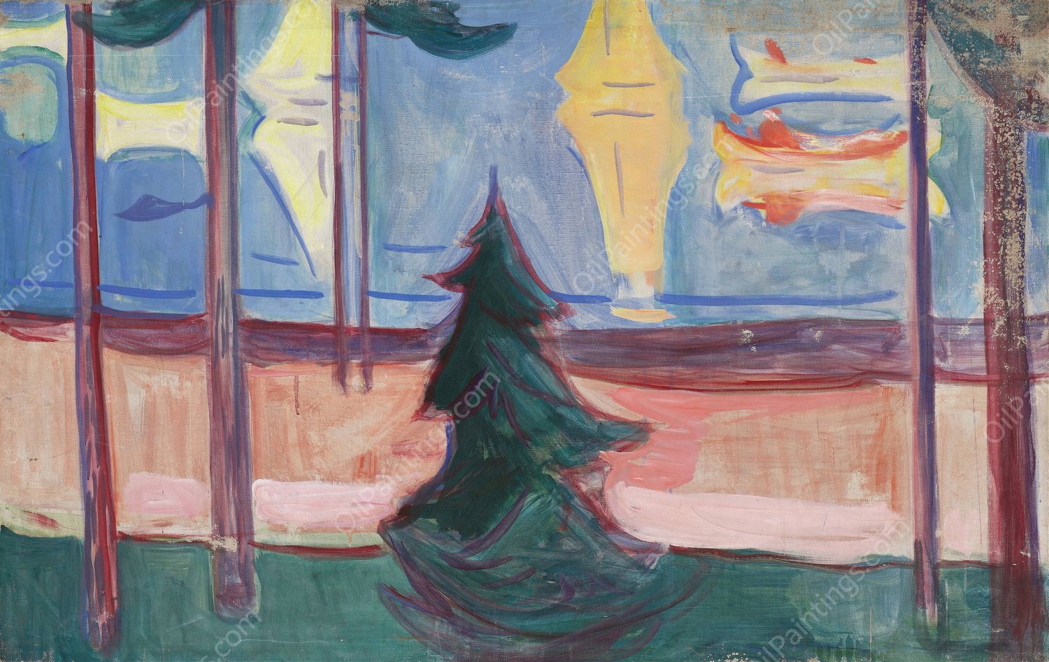 Beach Landscape with Trees and Boats  by Edvard Munch - Hand-Painted Oil Painting Reproduction