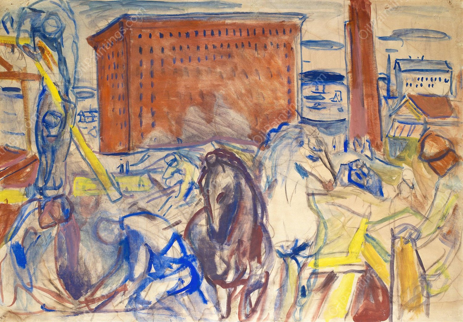 Horse Team on a Building Site  by Edvard Munch - Hand-Painted Oil Painting Reproduction
