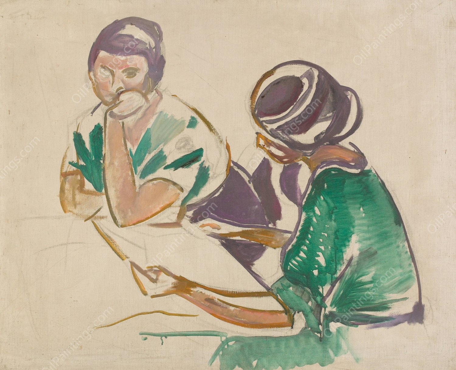 Two Women at the Table  by Edvard Munch - Hand-Painted Oil Painting Reproduction