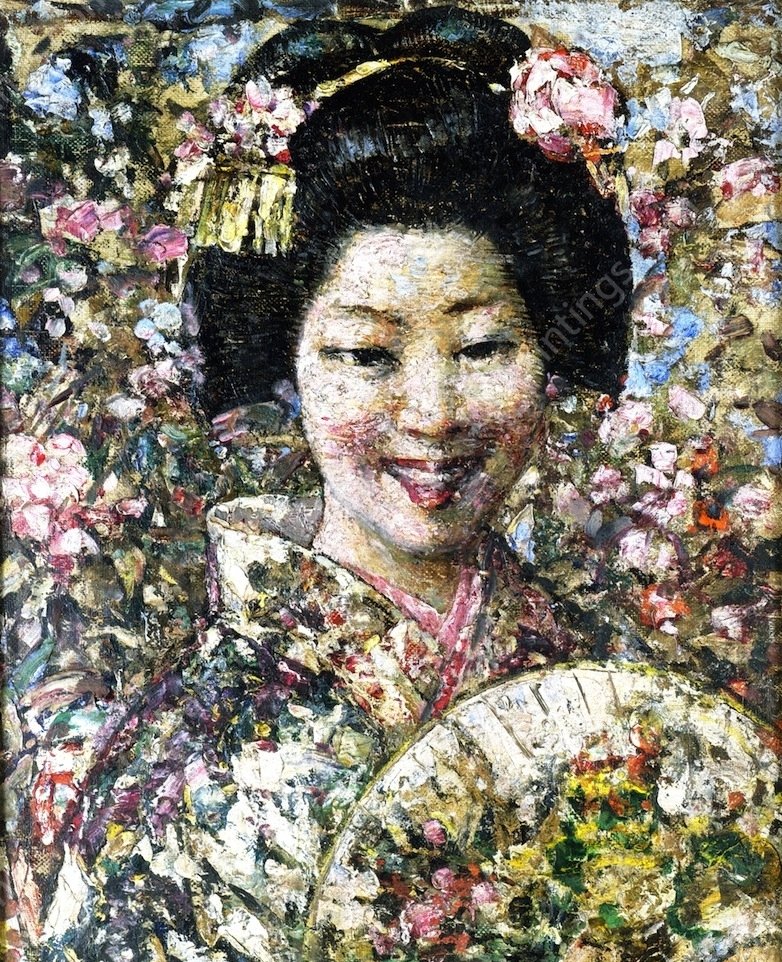 A Smiling Geisha by Edward Atkinson Hornel - Hand-Painted Oil Painting Reproduction