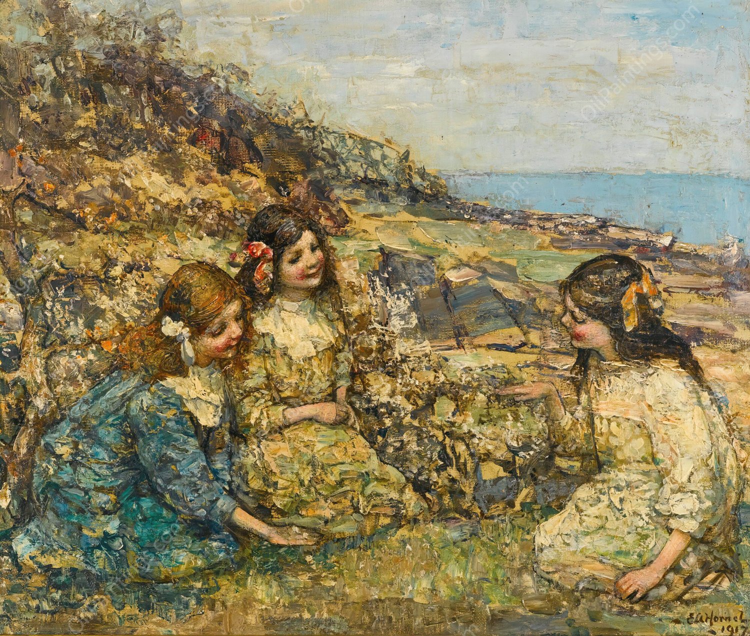 Blowing The Dandelion  by Edward Atkinson Hornel - Hand-Painted Oil Painting Reproduction