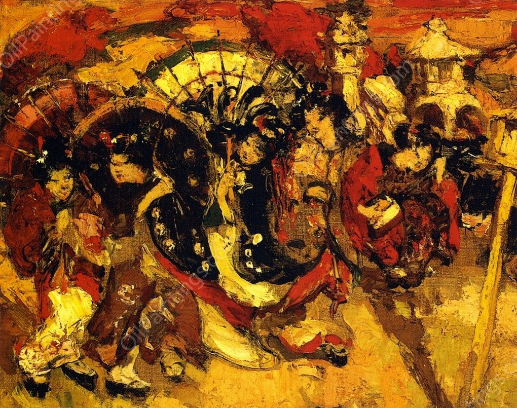 Japanese Figures in a Garden by Edward Atkinson Hornel - Hand-Painted Oil Painting Reproduction