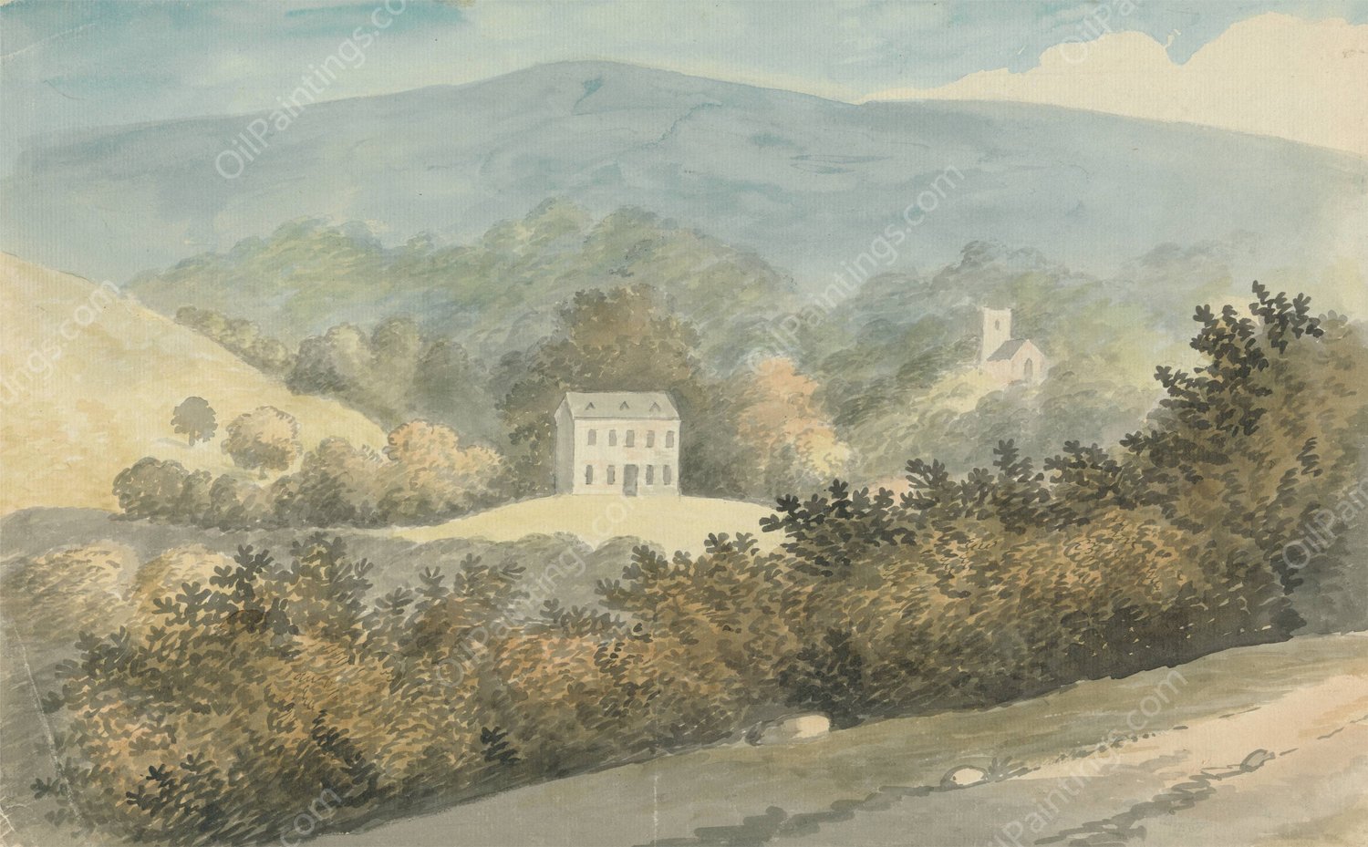 Hilly Landscape with House by Edward Francis Burney - Hand-Painted Oil Painting Reproduction