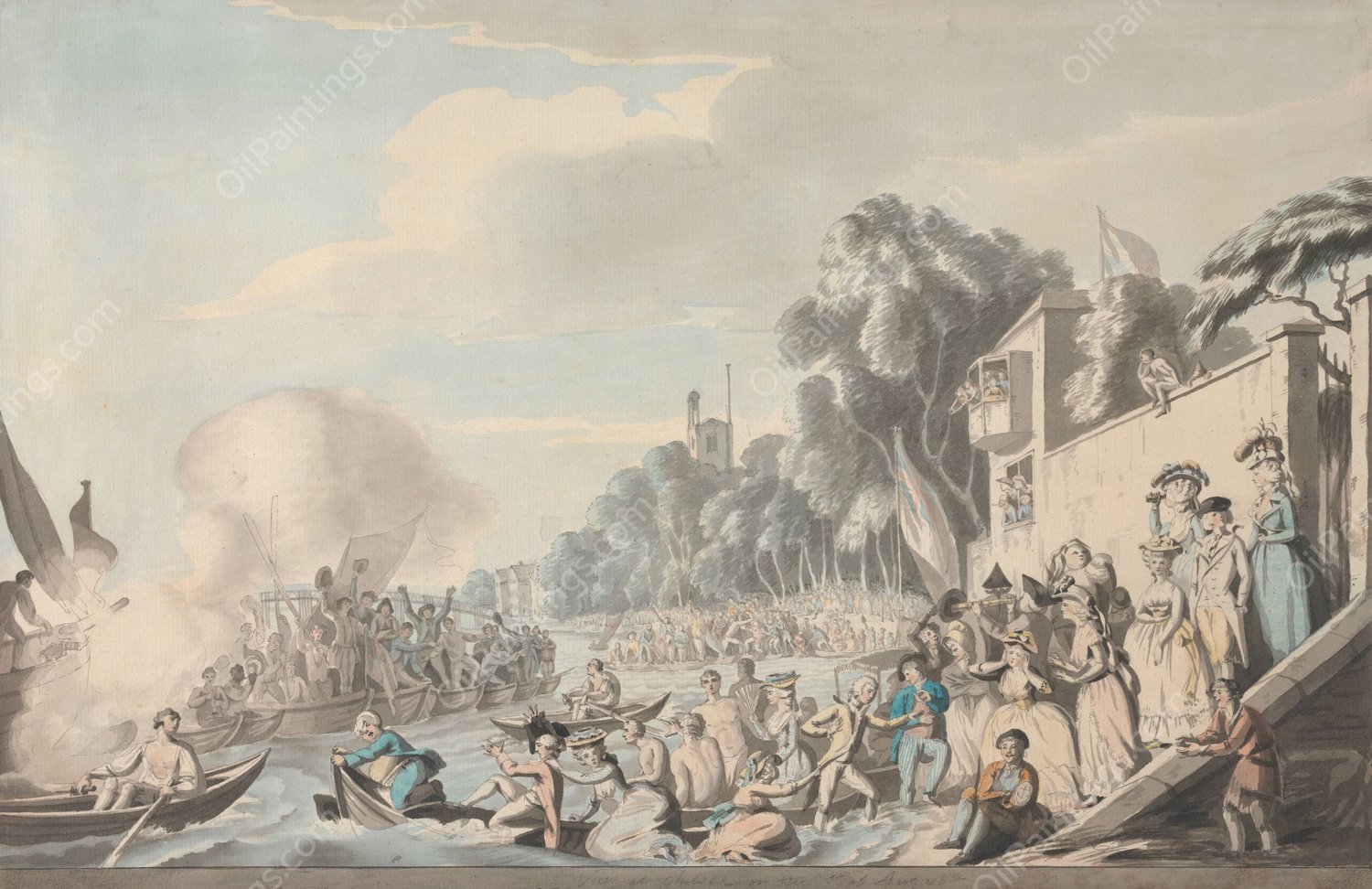 View at Chelsea of the Annual Sculling Race for Doggett's Coat and Badge by Edward Francis Burney - Hand-Painted Oil Painting Reproduction