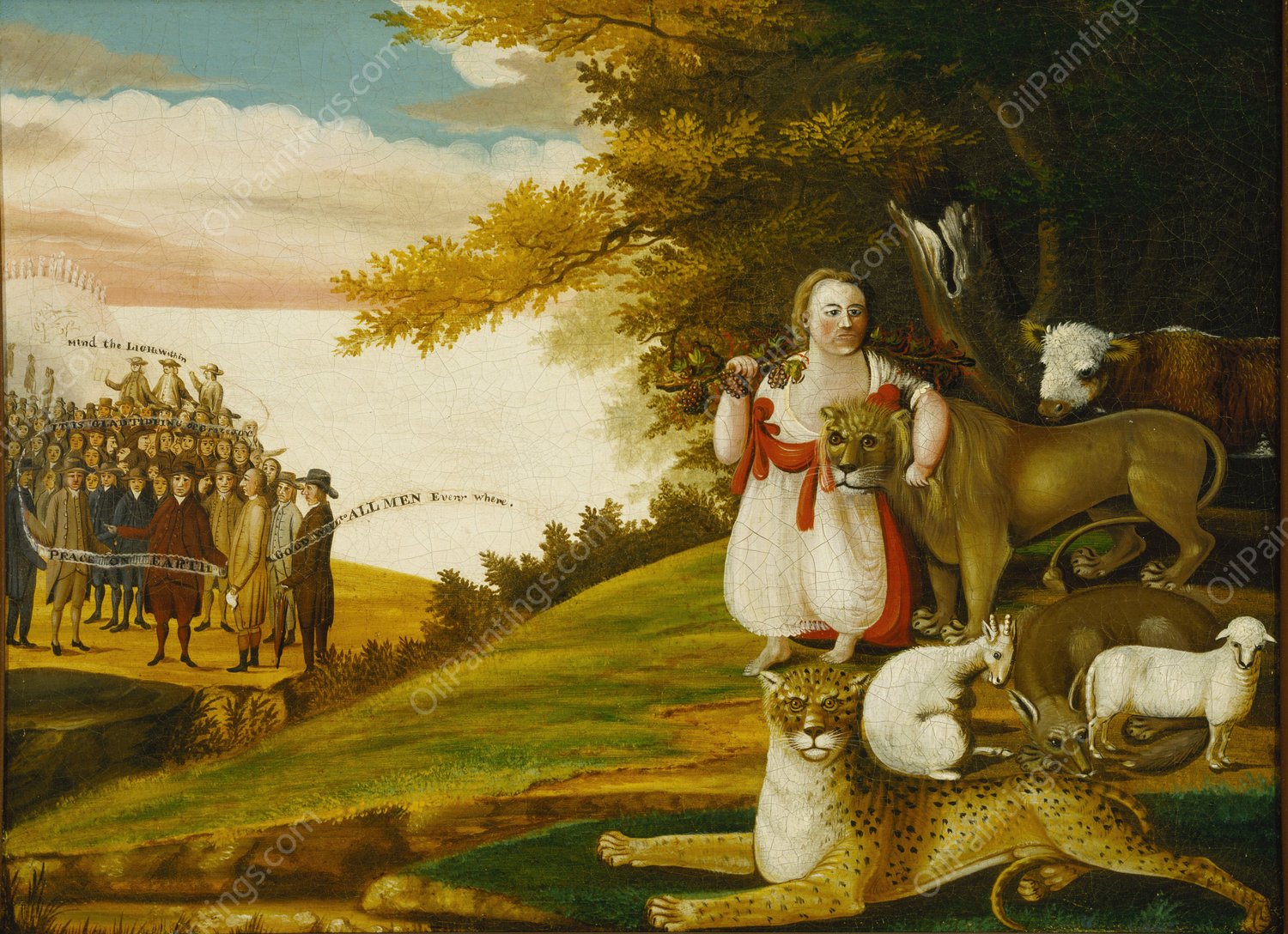 A Peaceable Kingdom with Quakers Bearing Banners  by Edward Hicks - Hand-Painted Oil Painting Reproduction