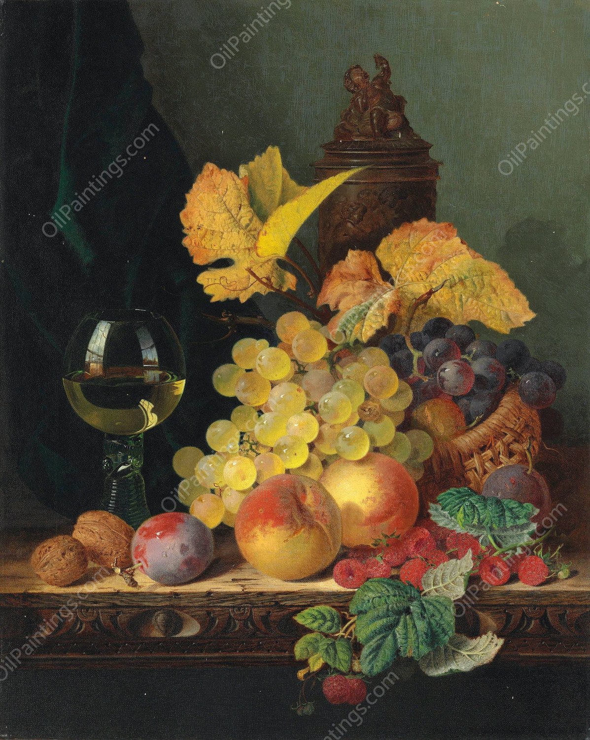 A roemer, grapes, peaches, plums, raspberries and walnuts on a wooden ledge by Edward Ladell - Hand-Painted Oil Painting Reproduction