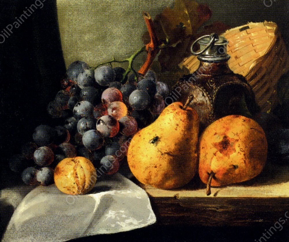 Pears, Grapes, a Greengage, Plums, a Stoneware Flask, and a Wicker Basket on a Wooden Ledge by Edward Ladell - Hand-Painted Oil Painting Reproduction