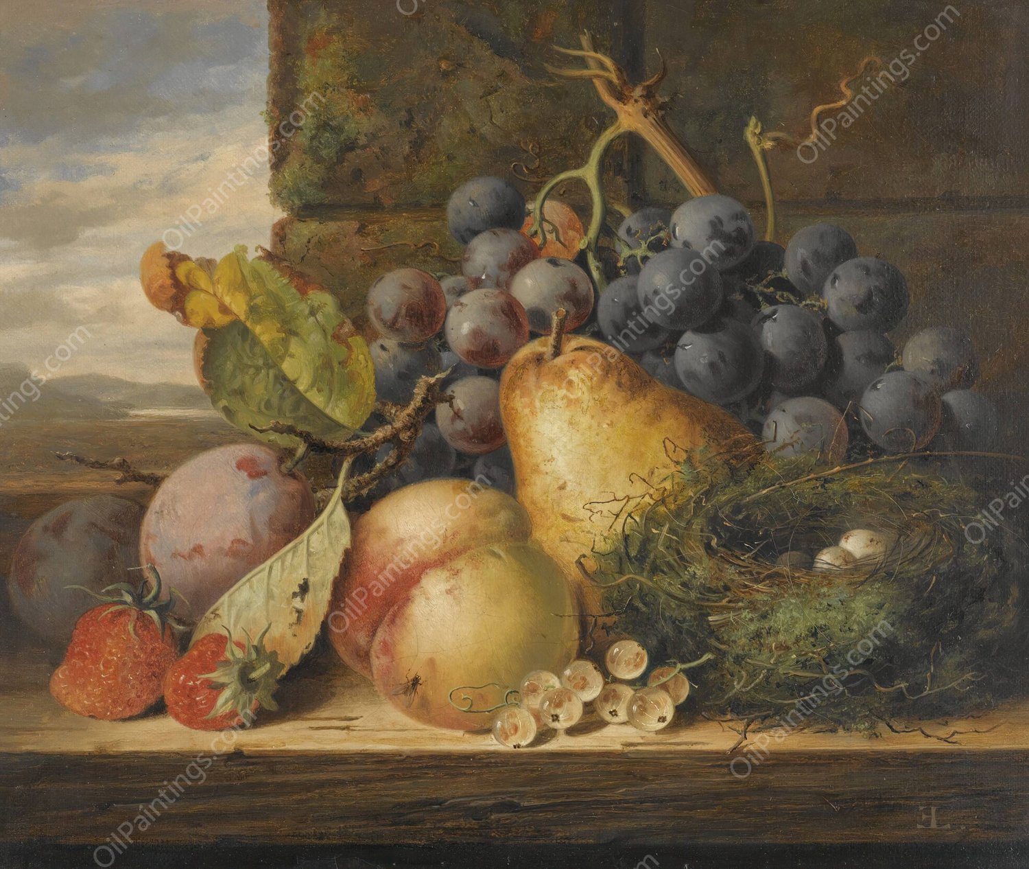 Still Life With A Bird's Nest, A Pear, A Peach, Grapes, Strawberries And Plums by Edward Ladell - Hand-Painted Oil Painting Reproduction