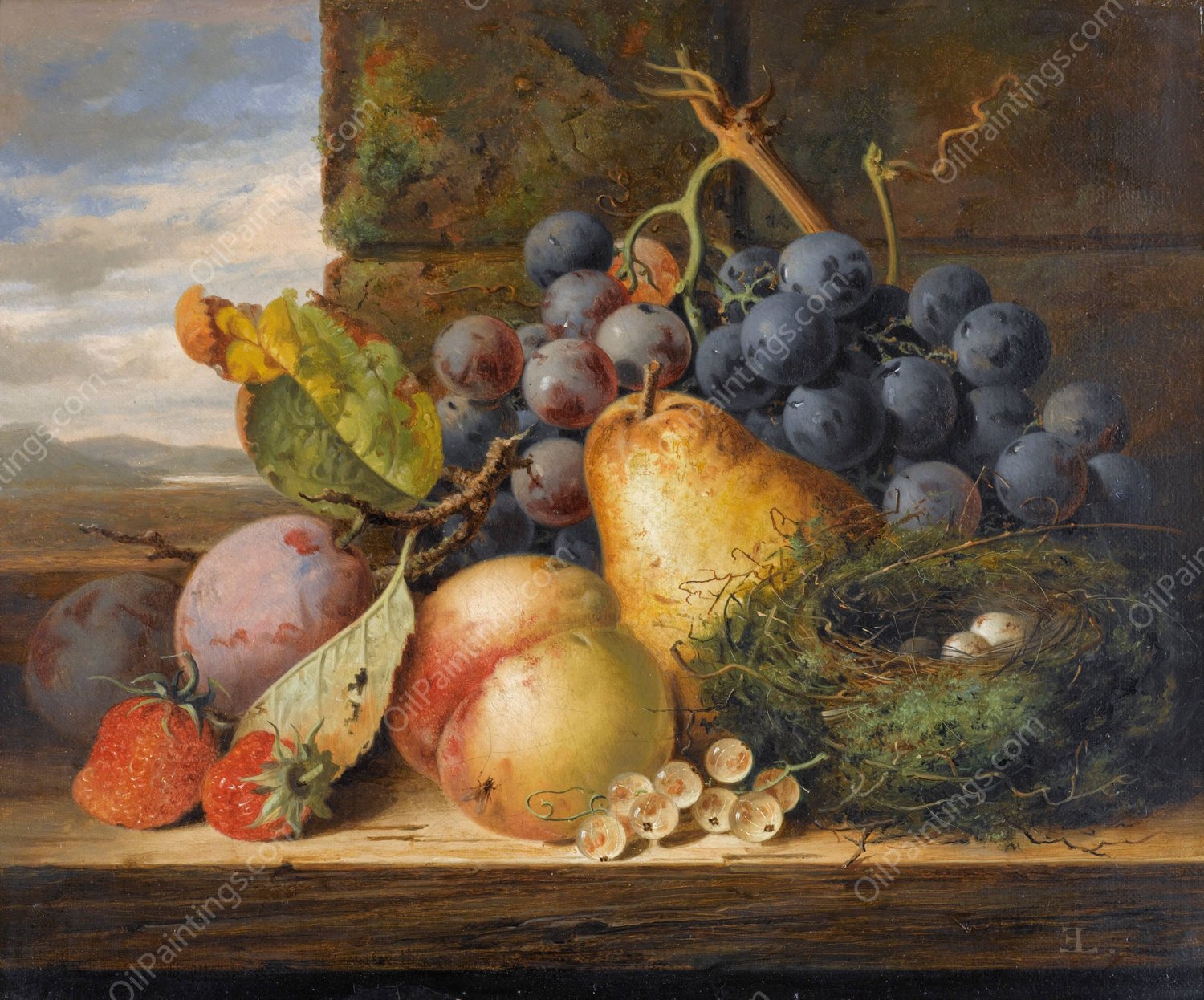 Still Life With A Bird's Nest, A Pear, A Peach, Grapes, Strawberries And Plums by Edward Ladell - Hand-Painted Oil Painting Reproduction