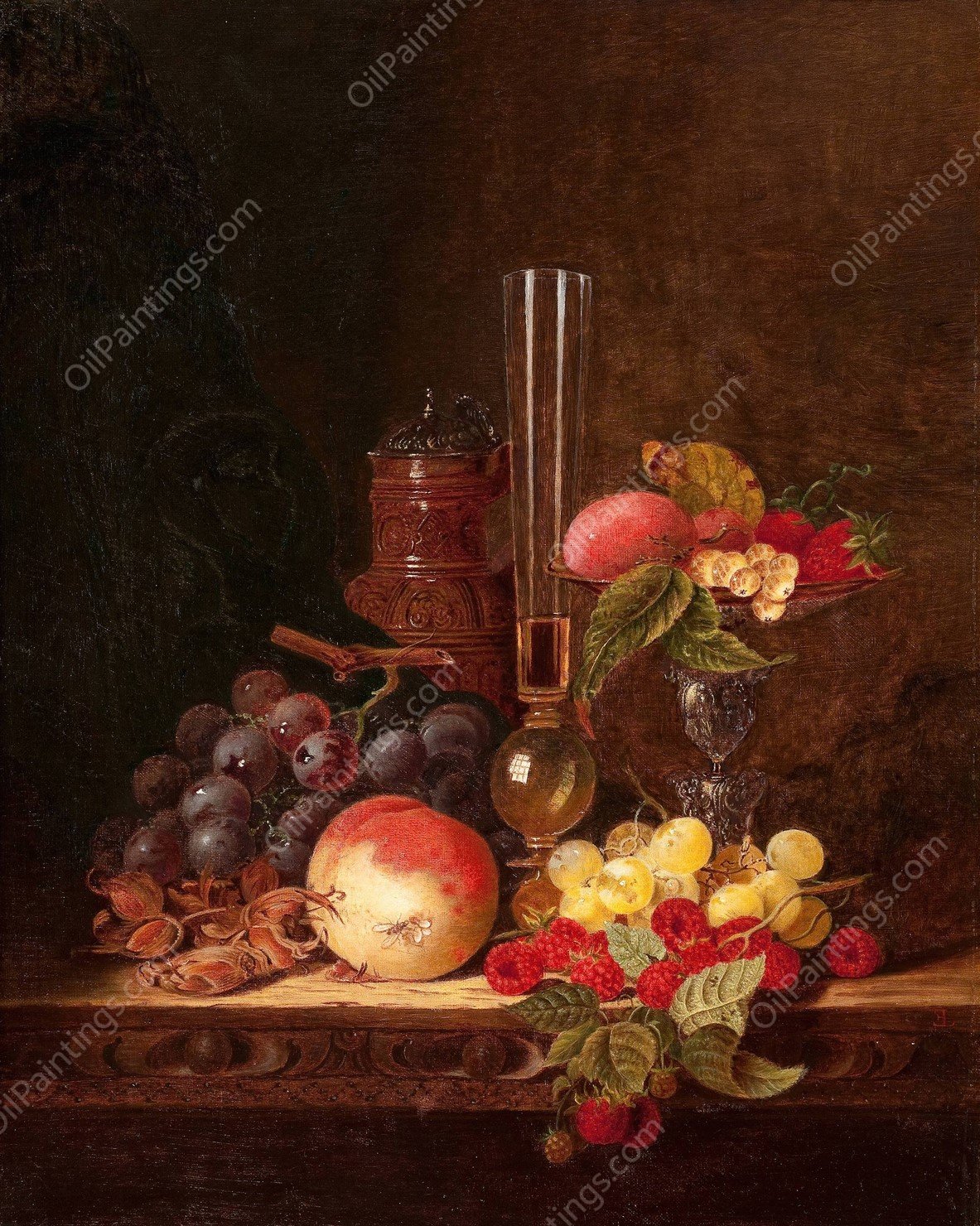 Still Life with Ceramic Jug, Wine Glass, and Tazza with Fruit by Edward Ladell - Hand-Painted Oil Painting Reproduction
