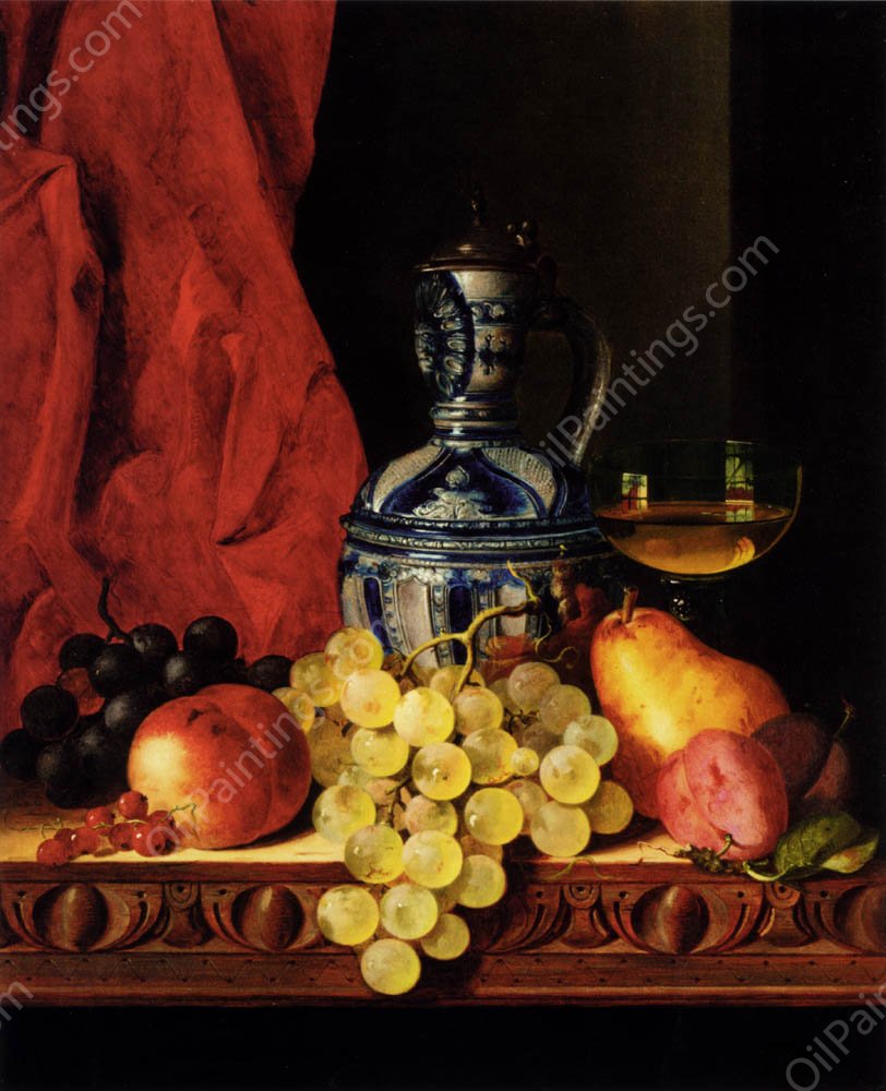 Still Life with Grapes, a Peach, Plums and a Pear on a Table with a Wine Glass and a Flask by Edward Ladell - Hand-Painted Oil Painting Reproduction