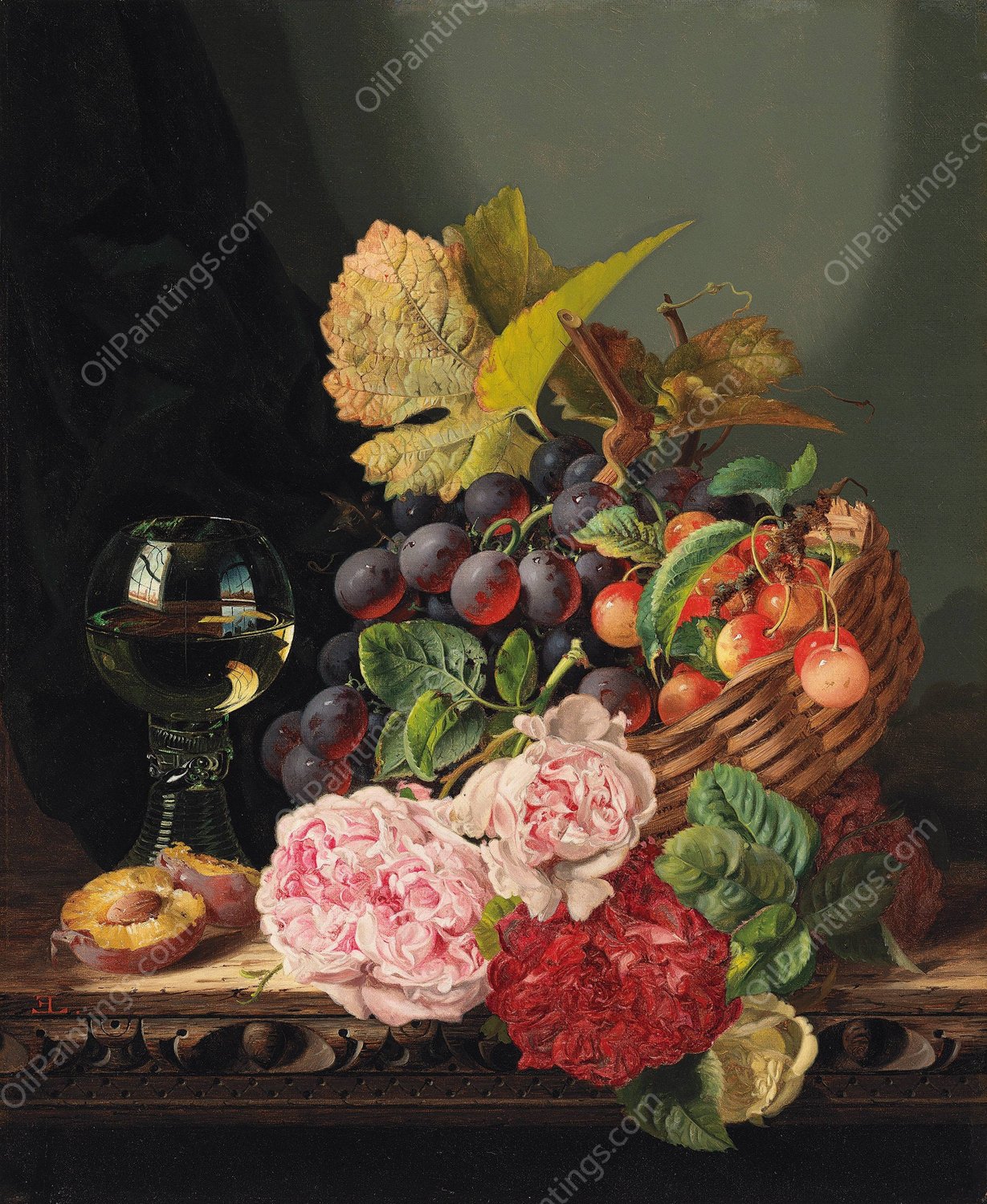 Still life with peonies and a glass of wine by Edward Ladell - Hand-Painted Oil Painting Reproduction