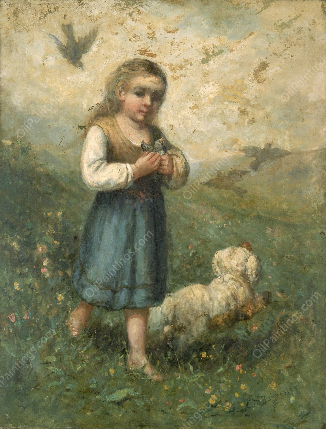 Child with Birds and Dog  by Edward Mitchell Bannister - Hand-Painted Oil Painting Reproduction