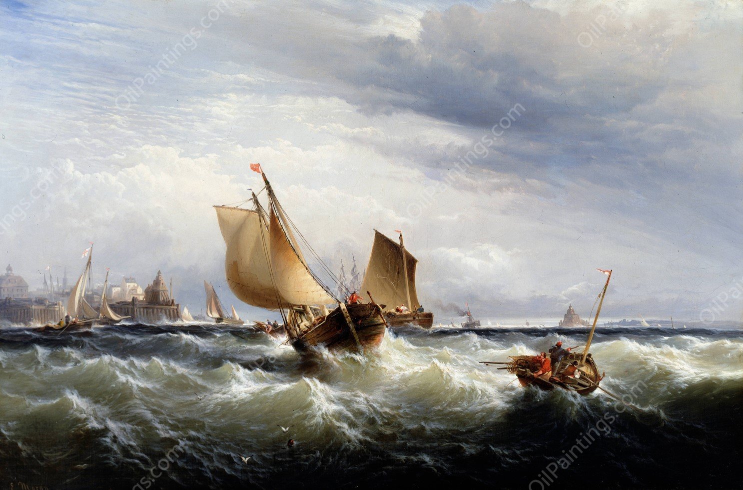 Fishing Boats Beating up to Windward  by Edward Moran - Hand-Painted Oil Painting Reproduction