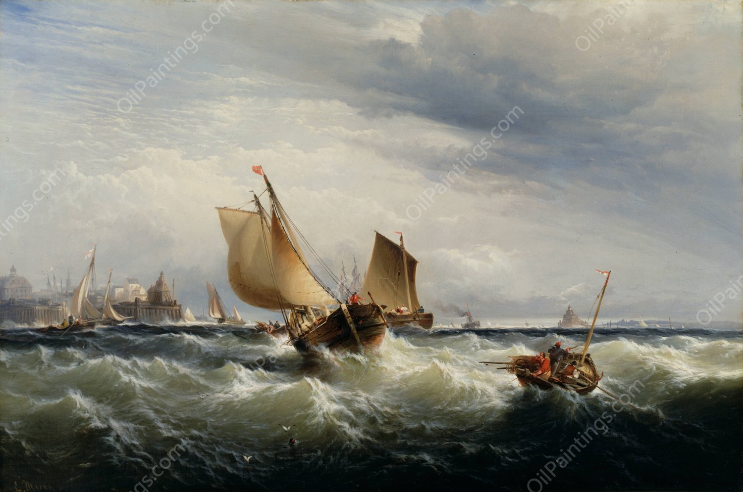 Fishing Boats Beating Up To Windward  by Edward Moran - Hand-Painted Oil Painting Reproduction