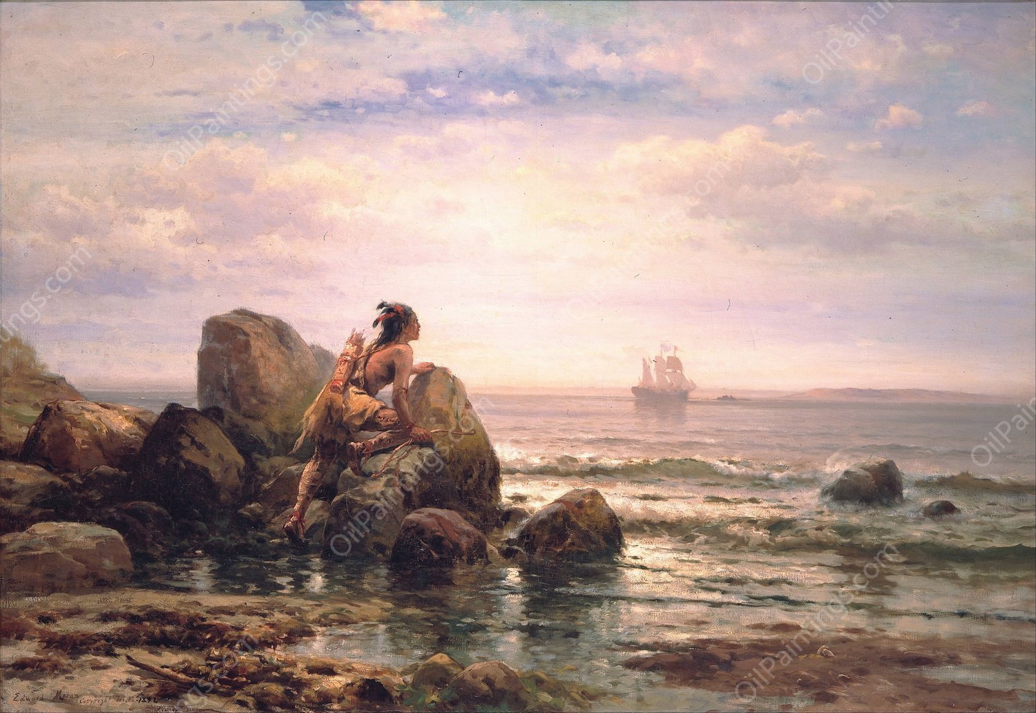 Henrik Hudson entering New York Harbor, September 11, 1609  by Edward Moran - Hand-Painted Oil Painting Reproduction