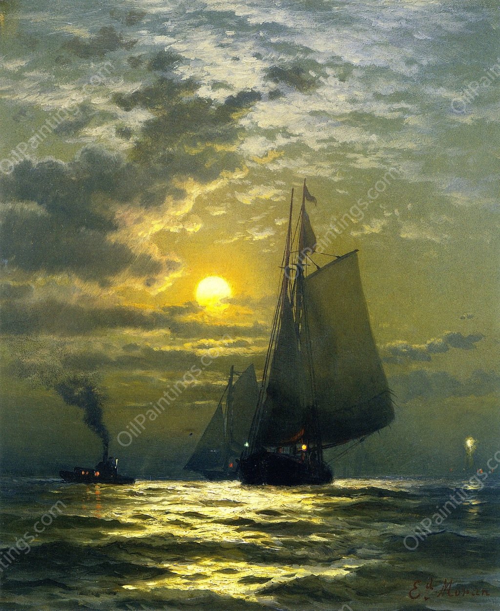 Sailing by Moonlight, New York Harbor by Edward Moran - Hand-Painted Oil Painting Reproduction
