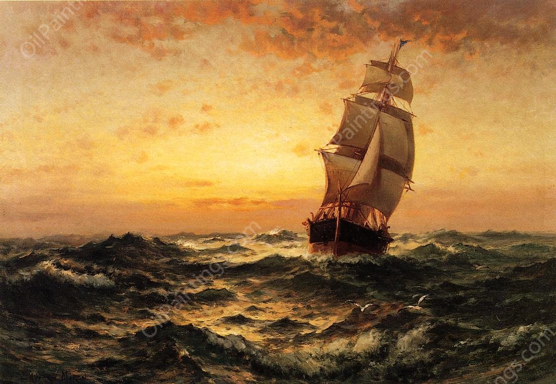 Ship at Sea, Sunset by Edward Moran - Hand-Painted Oil Painting Reproduction