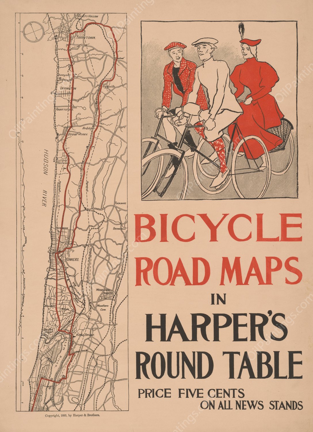 Bicycle road maps in Harper's Round Table  by Edward Penfield - Hand-Painted Oil Painting Reproduction