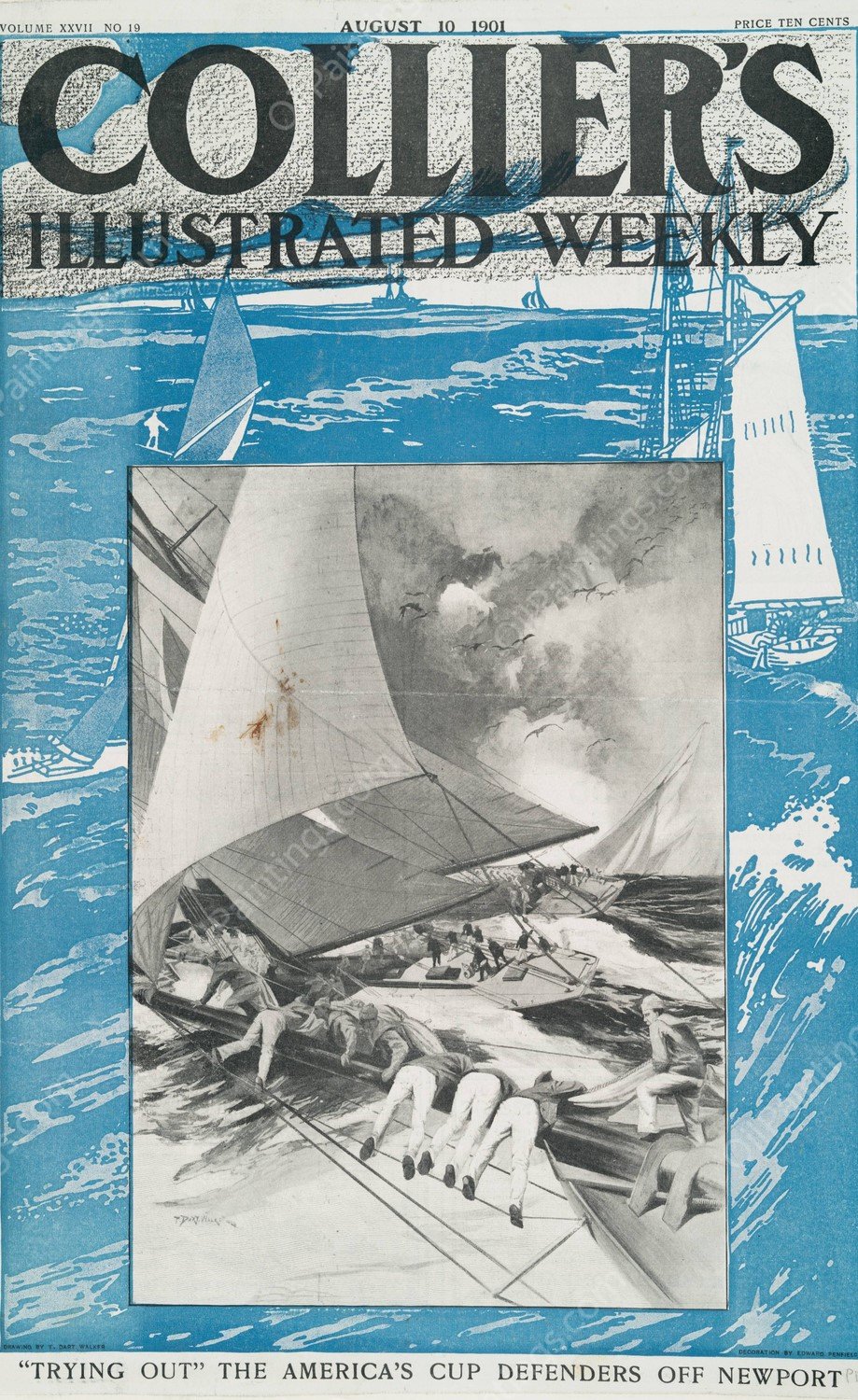 Collier's Illustrated Weekly, 'Trying Out', The America's Cup Defenders Off Newport  by Edward Penfield - Hand-Painted Oil Painting Reproduction