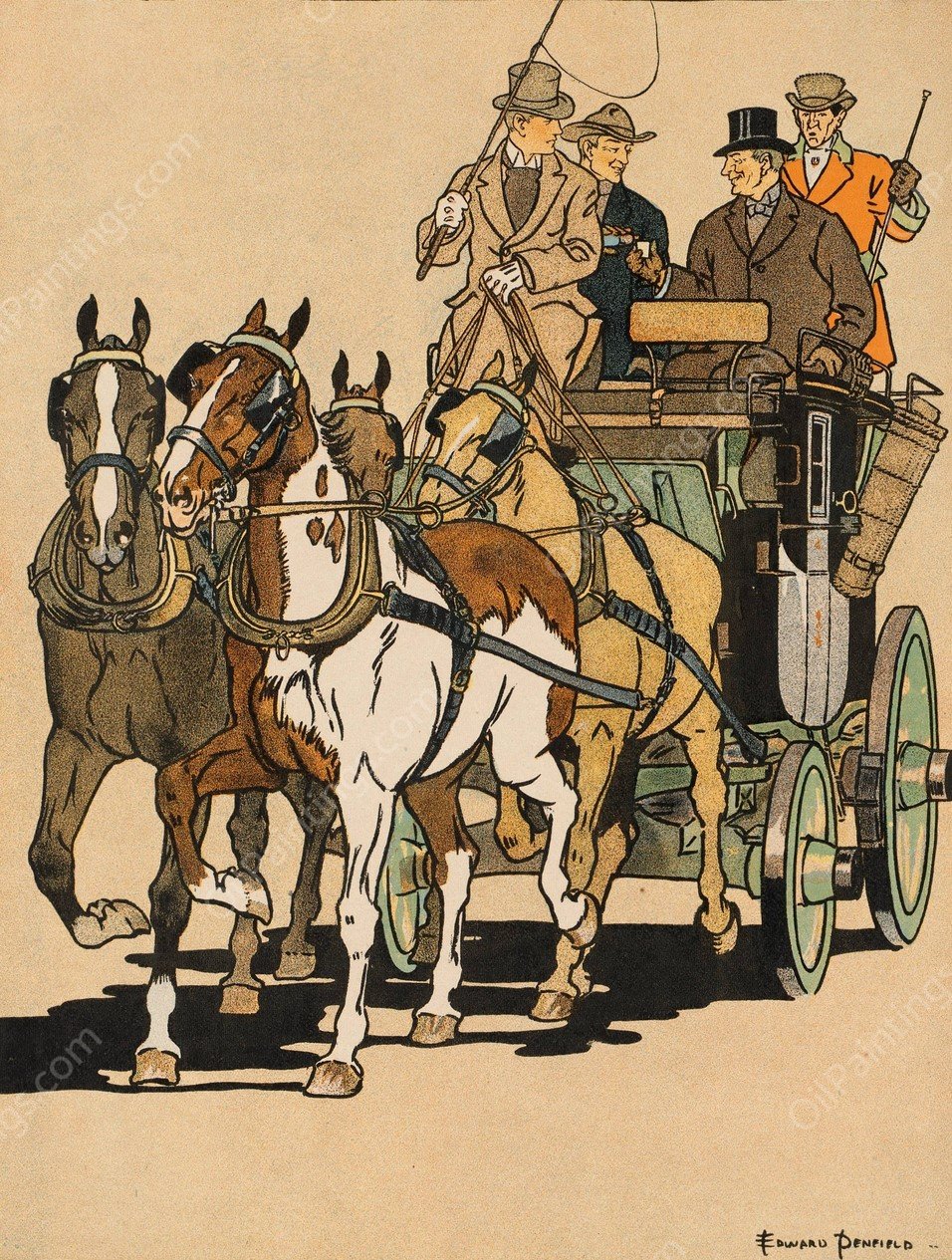 Four men riding on top of a carriage being drawn by four horses  by Edward Penfield - Hand-Painted Oil Painting Reproduction