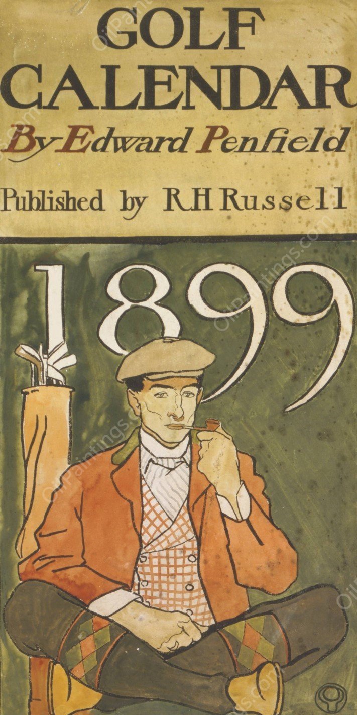 Golfer seated by clubs  by Edward Penfield - Hand-Painted Oil Painting Reproduction