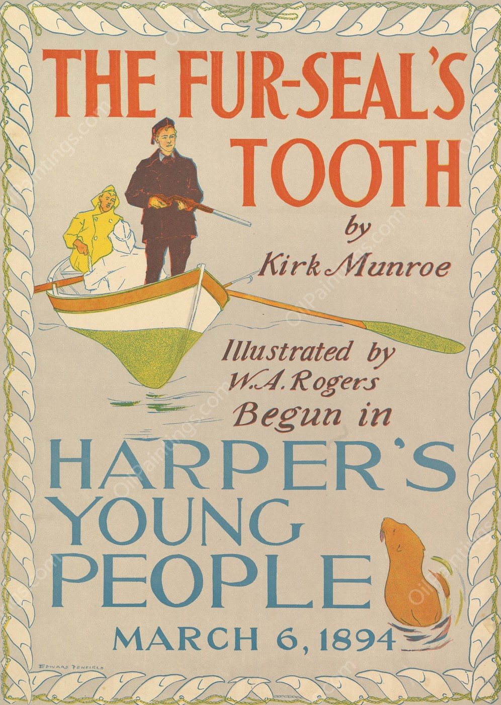 Harper's Young People; The Fur-Seal's Tooth by Kirk Monroe  by Edward Penfield - Hand-Painted Oil Painting Reproduction