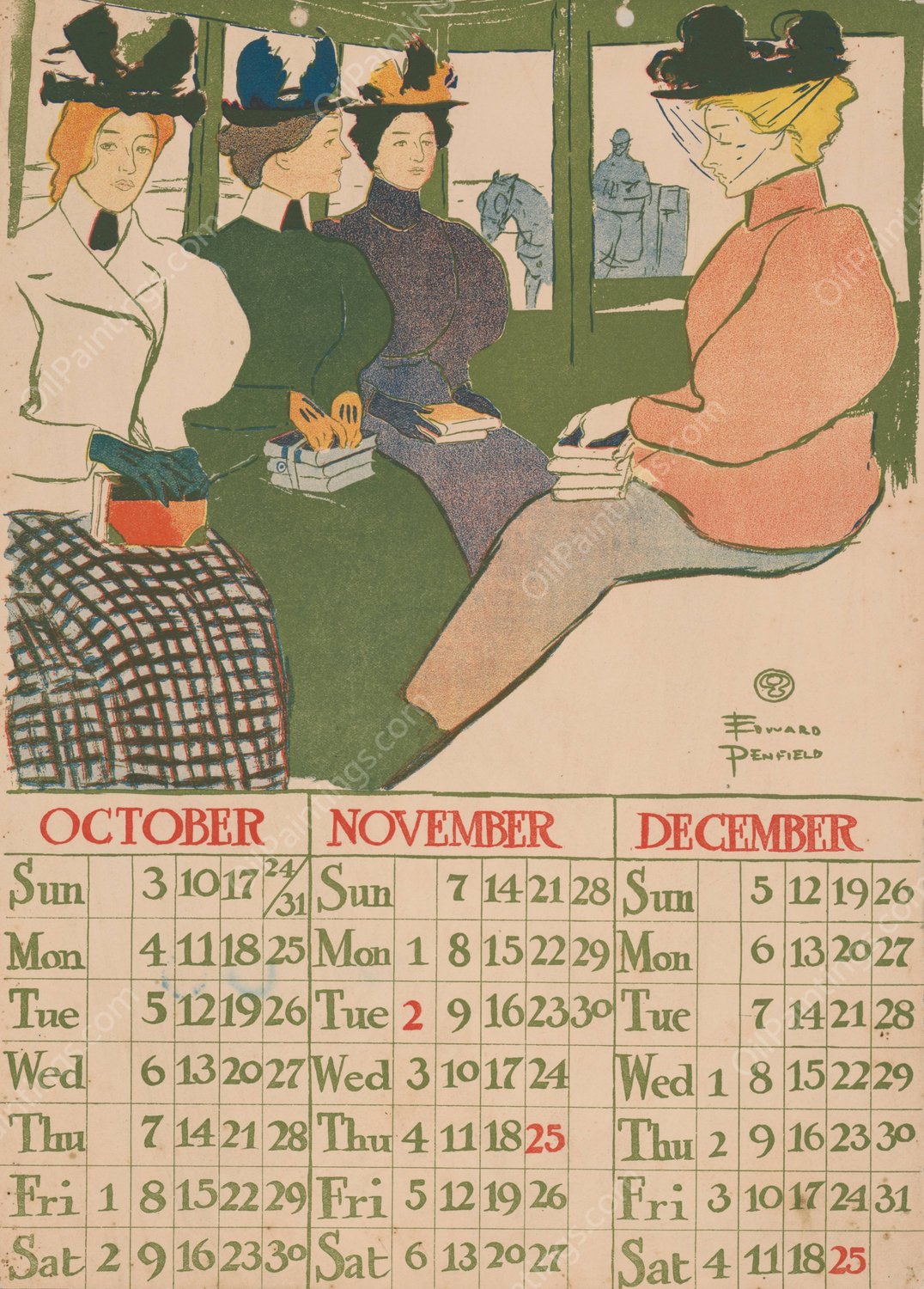 October November December 1897 calendar  by Edward Penfield - Hand-Painted Oil Painting Reproduction