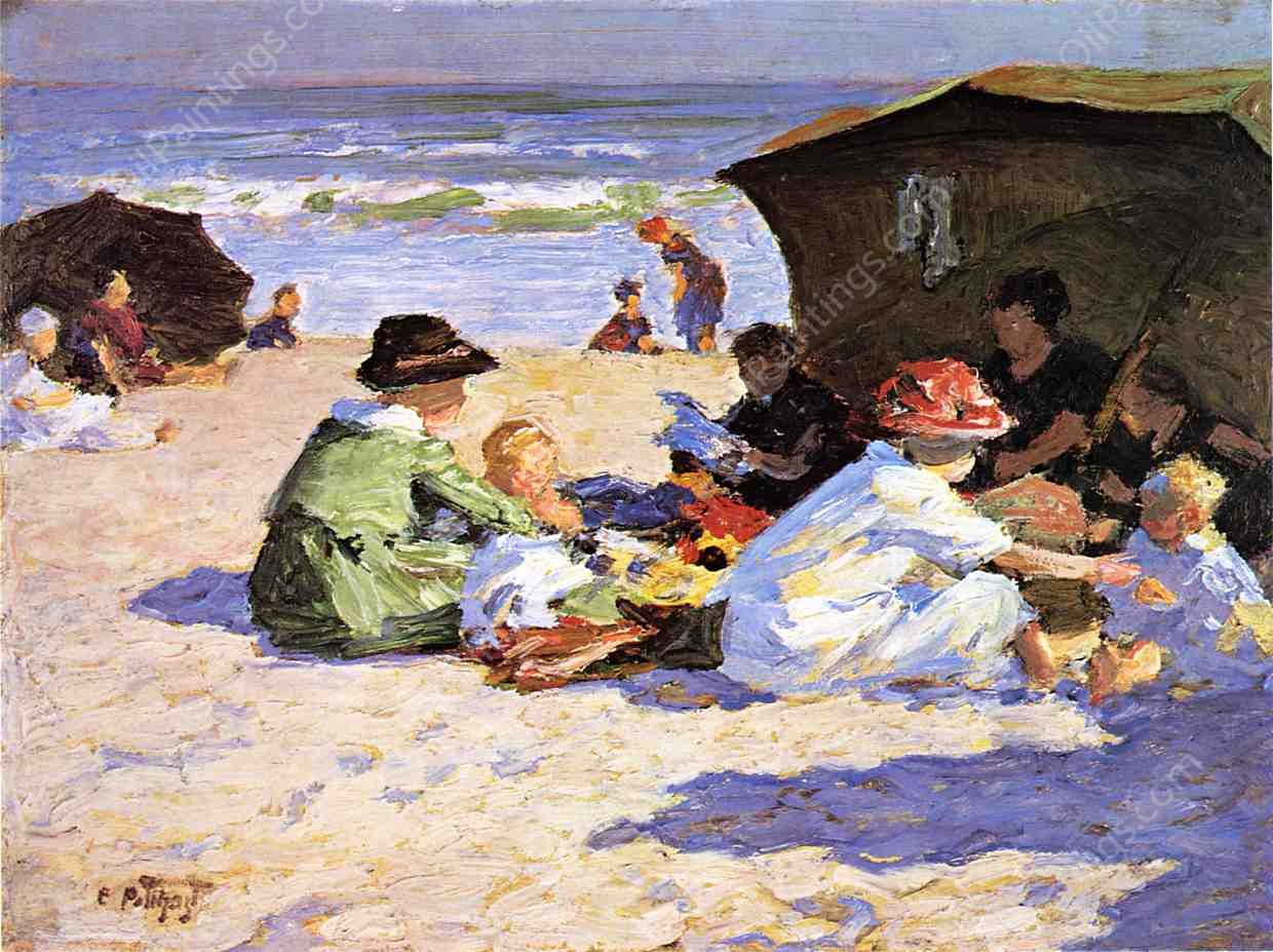 A Day at the Seashore by Edward Potthast - Hand-Painted Oil Painting Reproduction