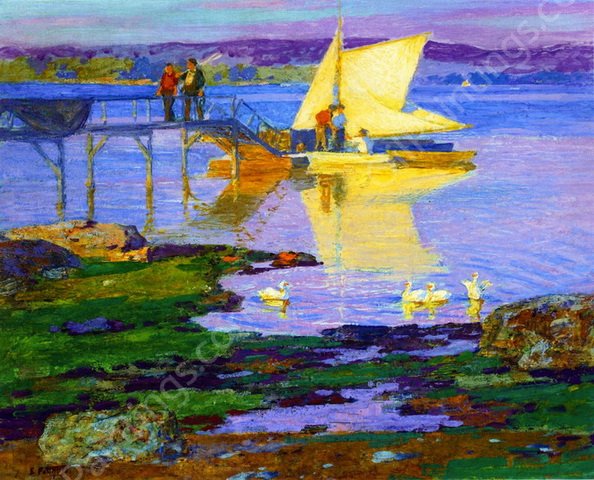 Boat at Dock by Edward Potthast - Hand-Painted Oil Painting Reproduction