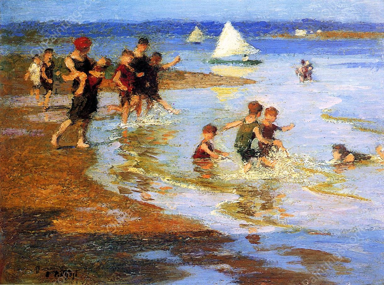 Children at Play on the Beach by Edward Potthast - Hand-Painted Oil Painting Reproduction