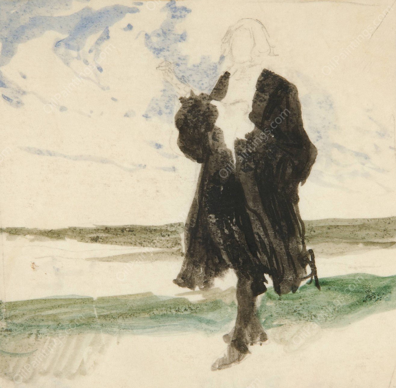 Cloaked man in landscape by Edwin Austin Abbey - Hand-Painted Oil Painting Reproduction