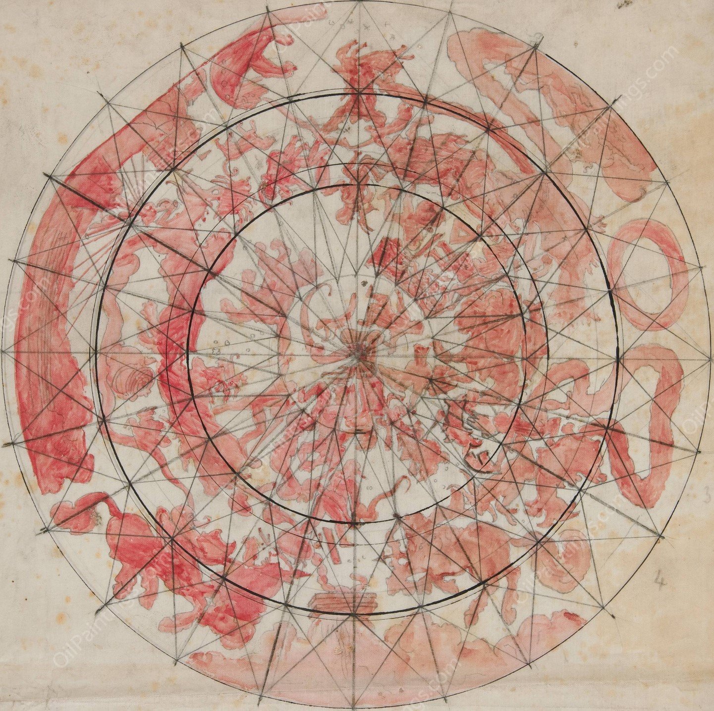 Composition study with zodiac figures for 'The Hours'ceiling mural, House Chamber, Pennsylvania State Capitol at Harrisburg by Edwin Austin Abbey - Hand-Painted Oil Painting Reproduction