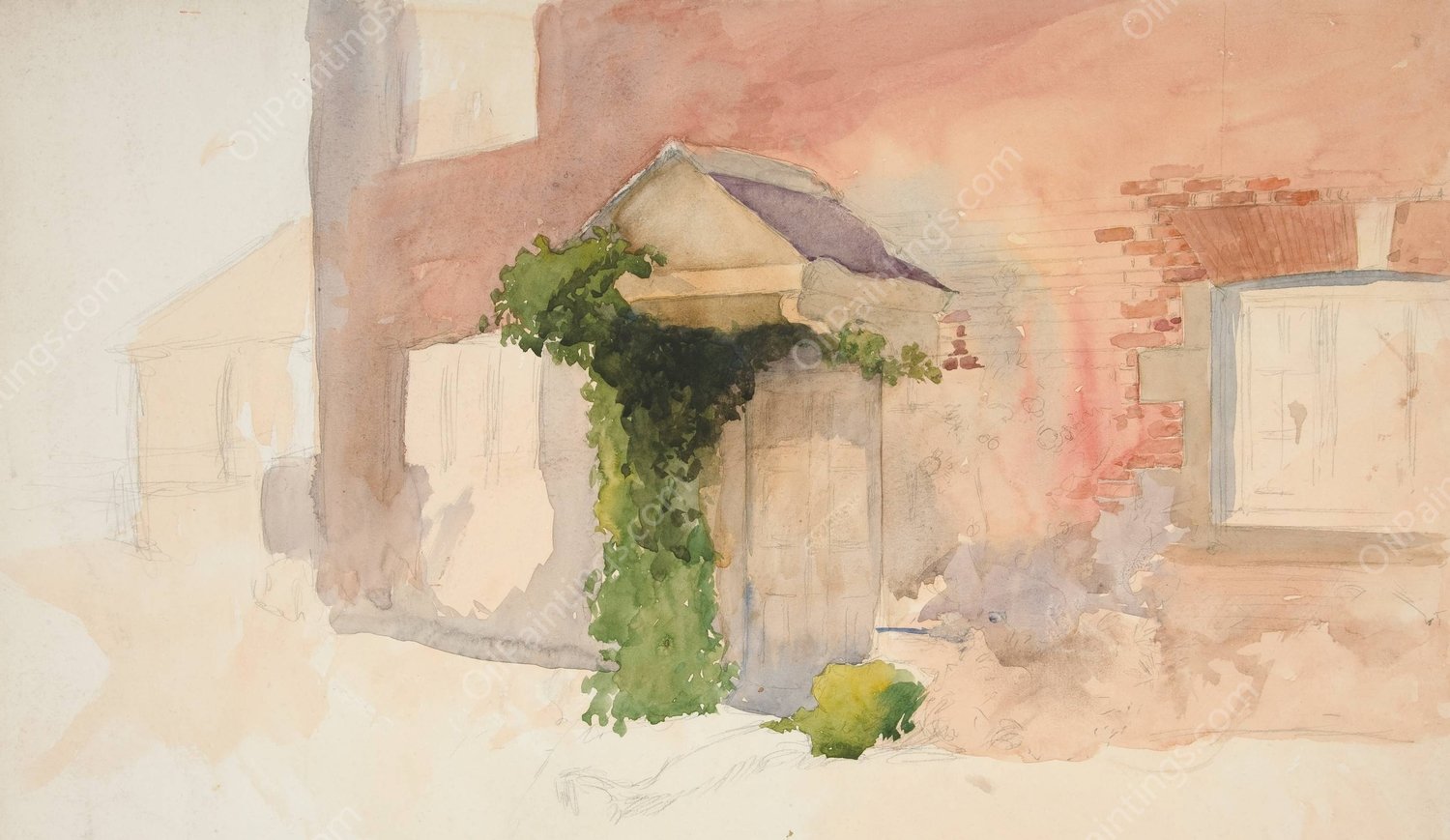 Study of Exterior of a Red Brick House by Edwin Austin Abbey - Hand-Painted Oil Painting Reproduction