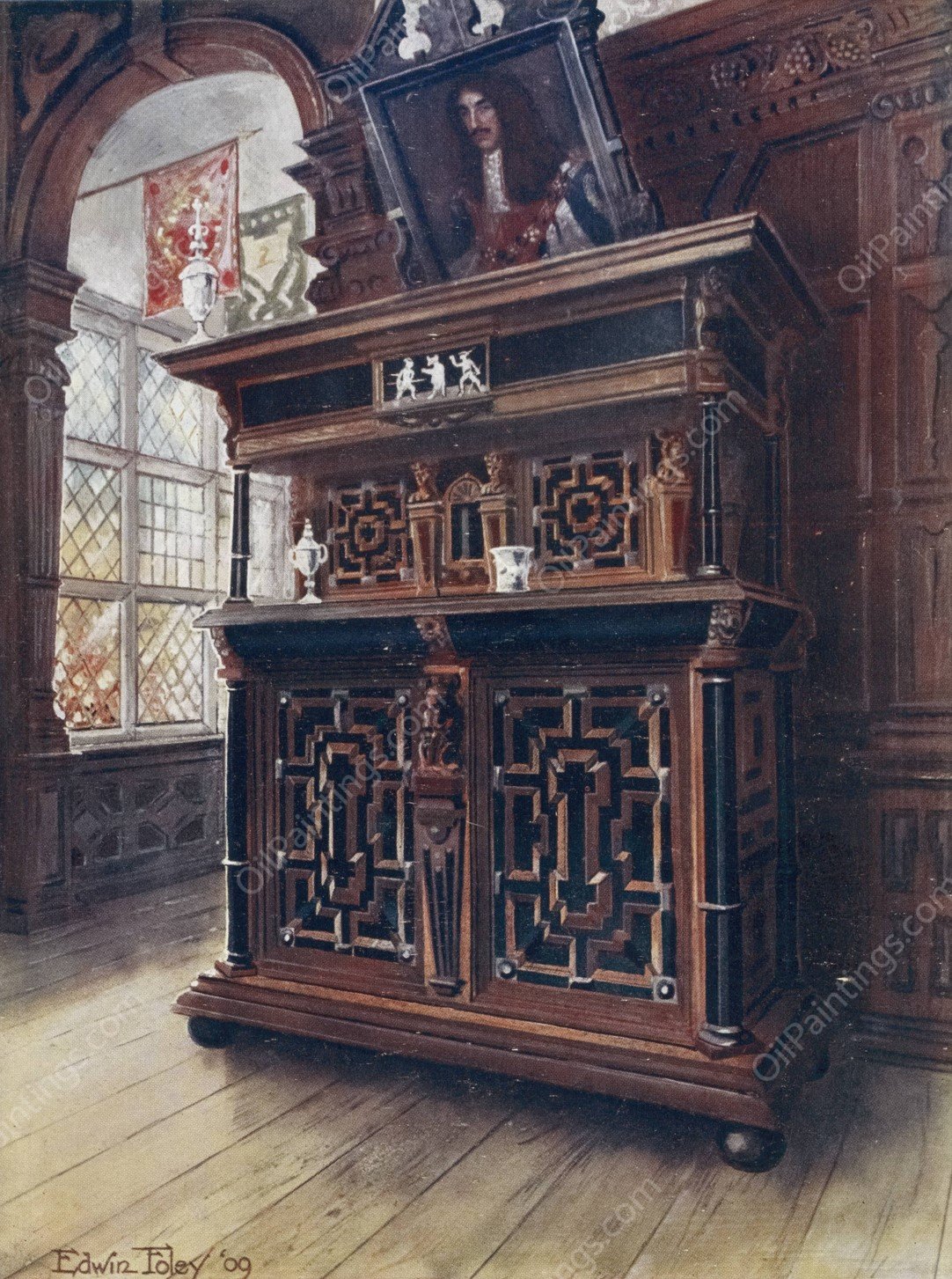 A cabinet of oak and walnut, with ebony panels and columns, inlaid with rosewood and ivory engraved  by Edwin Foley - Hand-Painted Oil Painting Reproduction
