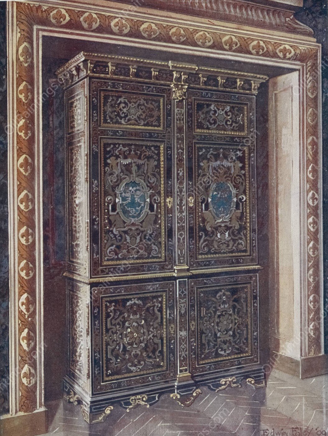 Armoire in ebony with inlays of engraved brass and white metal  by Edwin Foley - Hand-Painted Oil Painting Reproduction