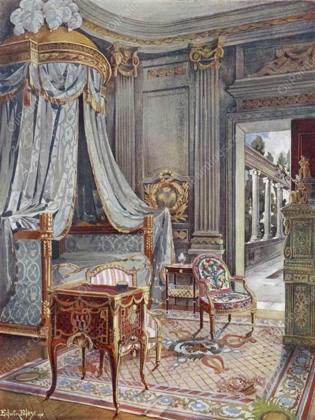 Carved and gilt draped domed bed  by Edwin Foley - Hand-Painted Oil Painting Reproduction