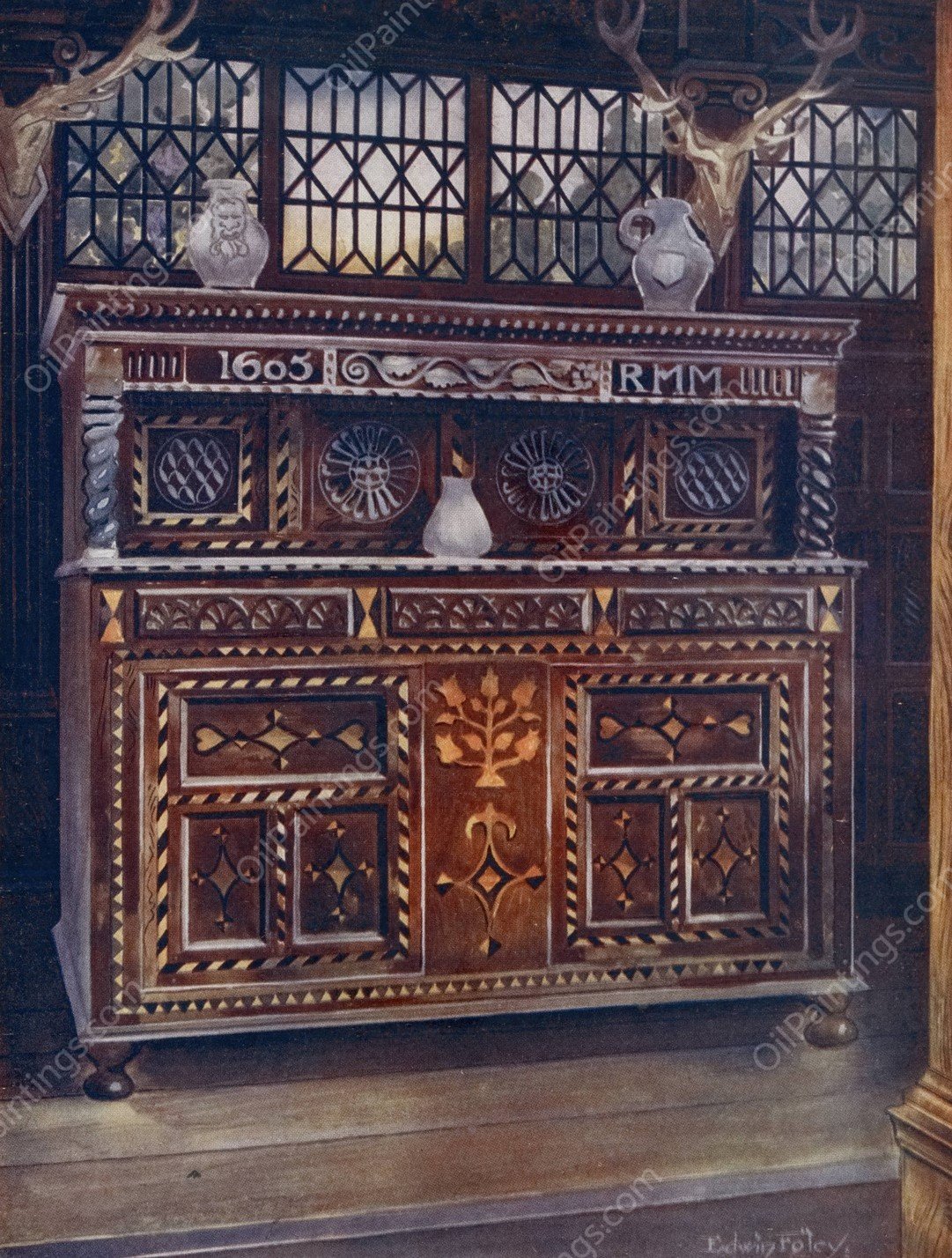 Carved and inlaid oak court cupboard  by Edwin Foley - Hand-Painted Oil Painting Reproduction