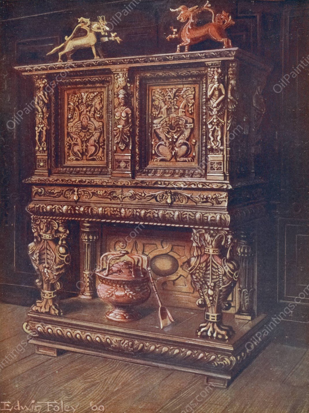 Carved bourgouignon credenze  by Edwin Foley - Hand-Painted Oil Painting Reproduction